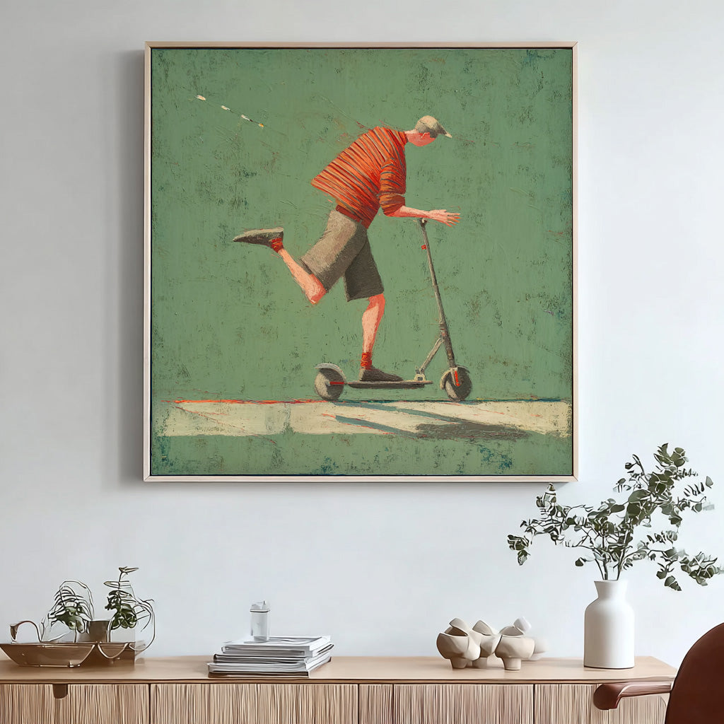 Landscape Green Wall Art Abstract Warm And Peaceful Atmosphere Minimalist Boy Riding A Scooter Painting