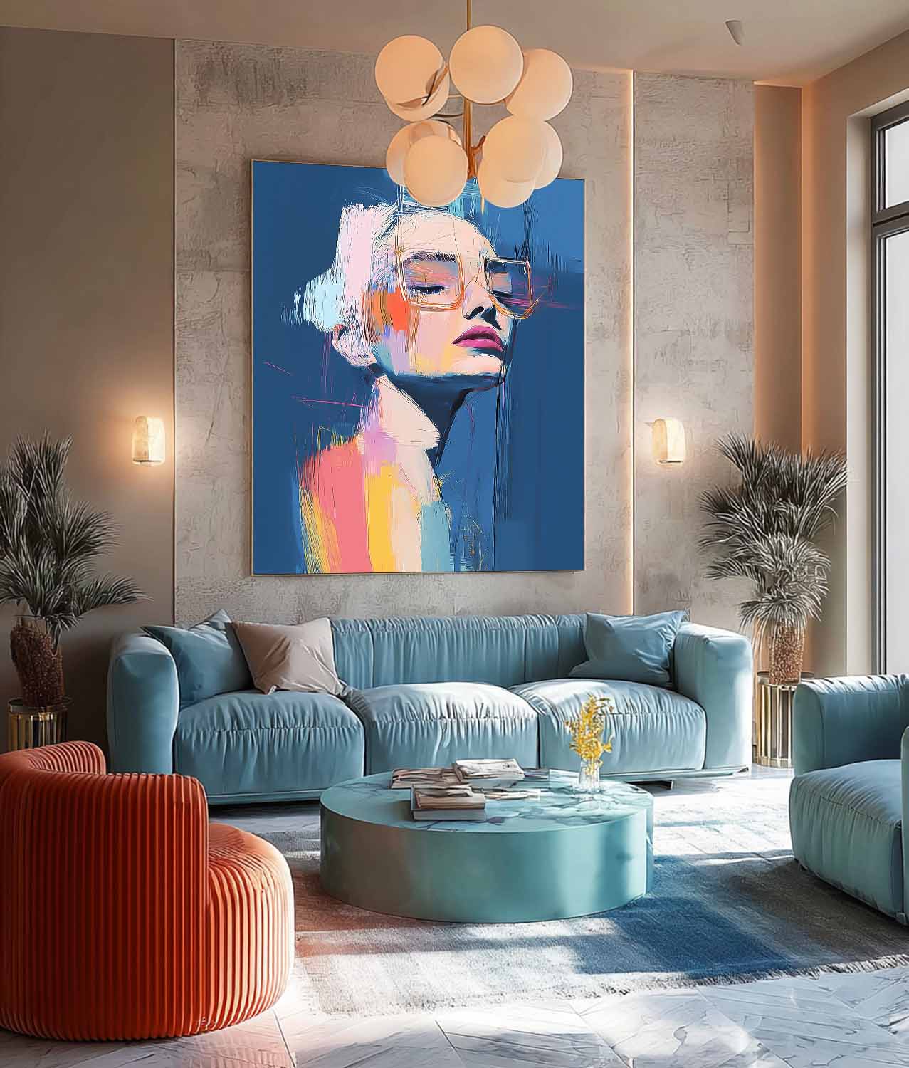Nordic Style Portrait Canvas Abstract Female Oil Painting Bold Color Minimalist Wall Art For Living Room