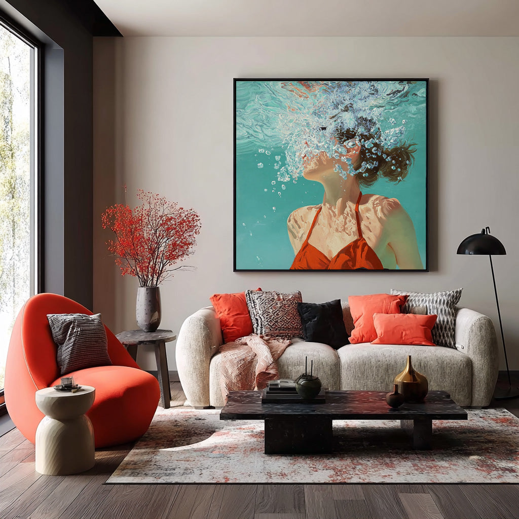 Square Diving In Ocean Sensual Woman Acrylic Painting Original Girl swimming Wall Art Lovely Lady Artwork