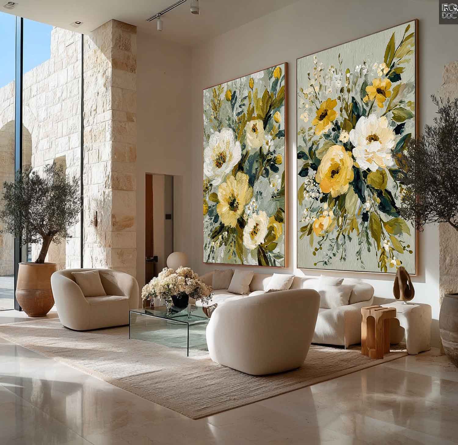 Floral Canvas Wall Art Set of 2 Modern Impressionist Flower Painting Muted Sage Green & Yellow Wildflower Art