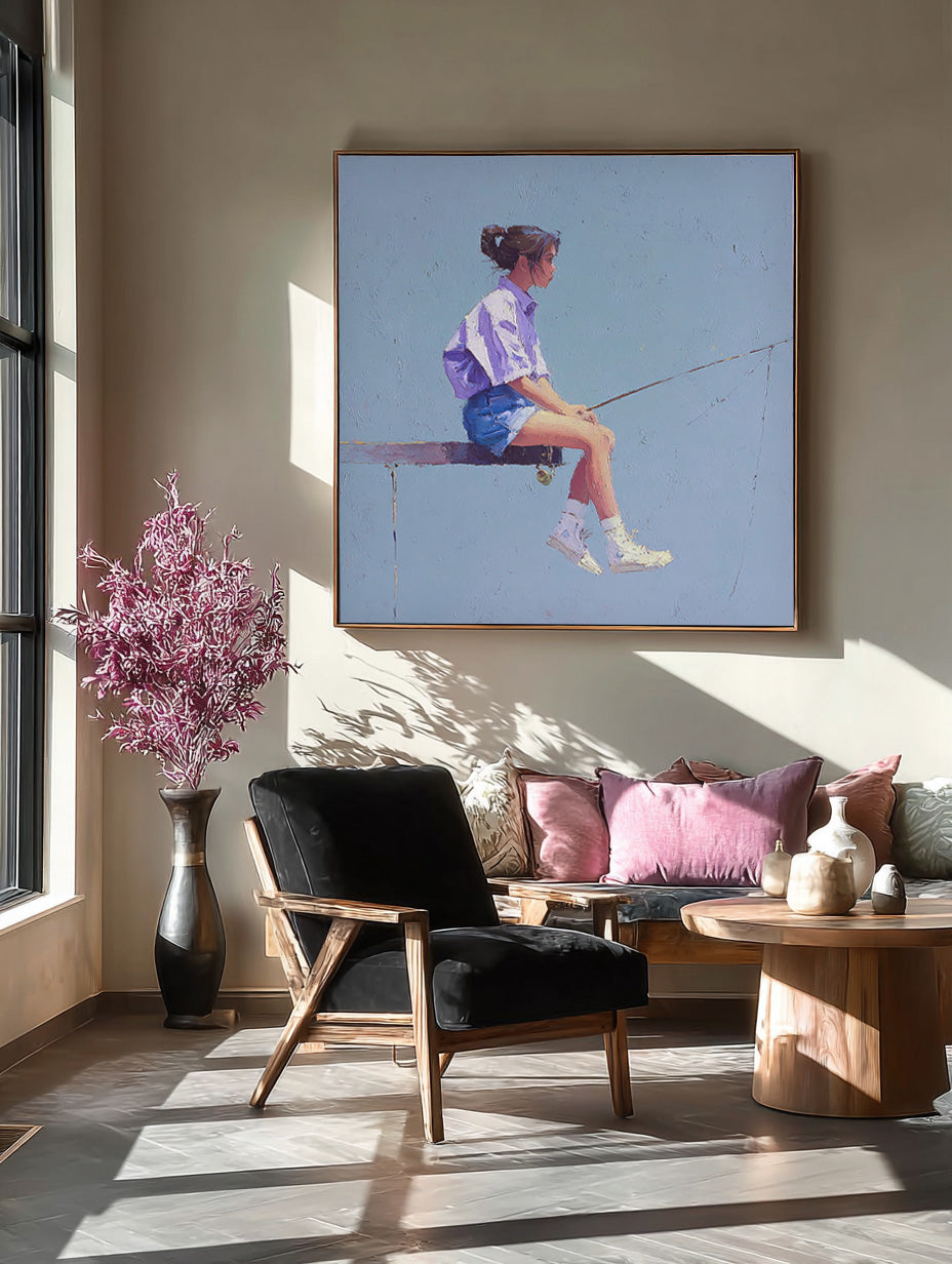 Minimalist Girl Fishing Painting Abstract Warm atmosphere Art Original Blue Wall Art For Living Room