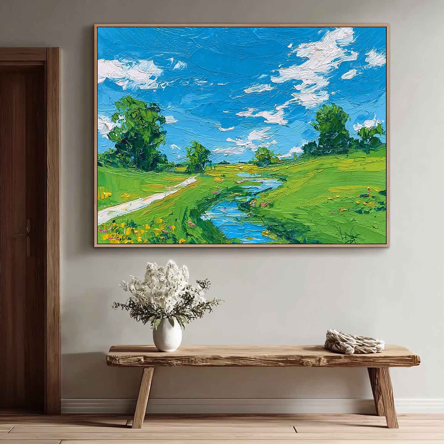 Abstract Fields And Rvers Landscape Oil Painting Rural Warmth Artwork Large Texture Scenery Wall Art Framed