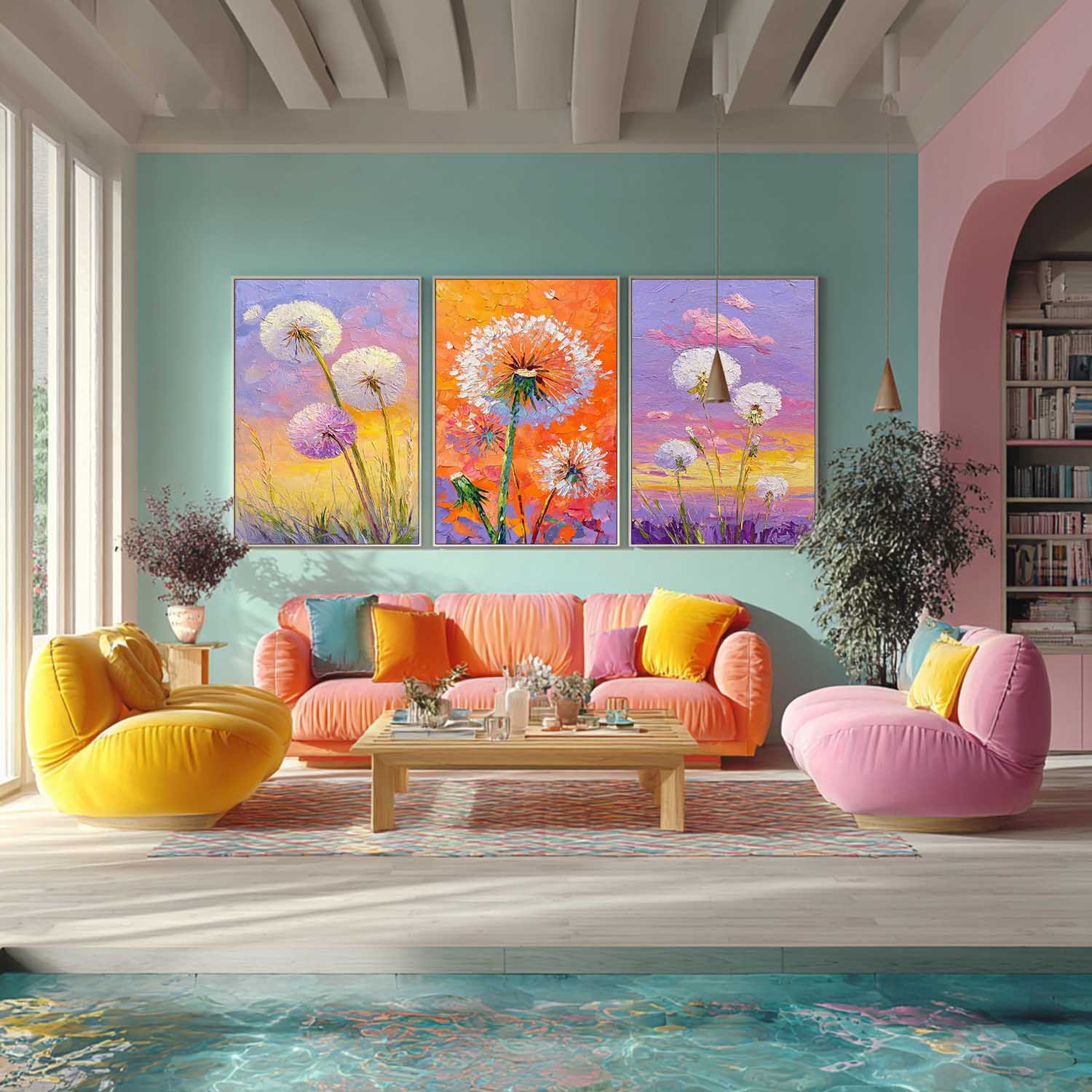 Impressionist Sunset Wildflower Painting Triptych Boho Decor Vibrant Color Dandelion Modern Floral Art