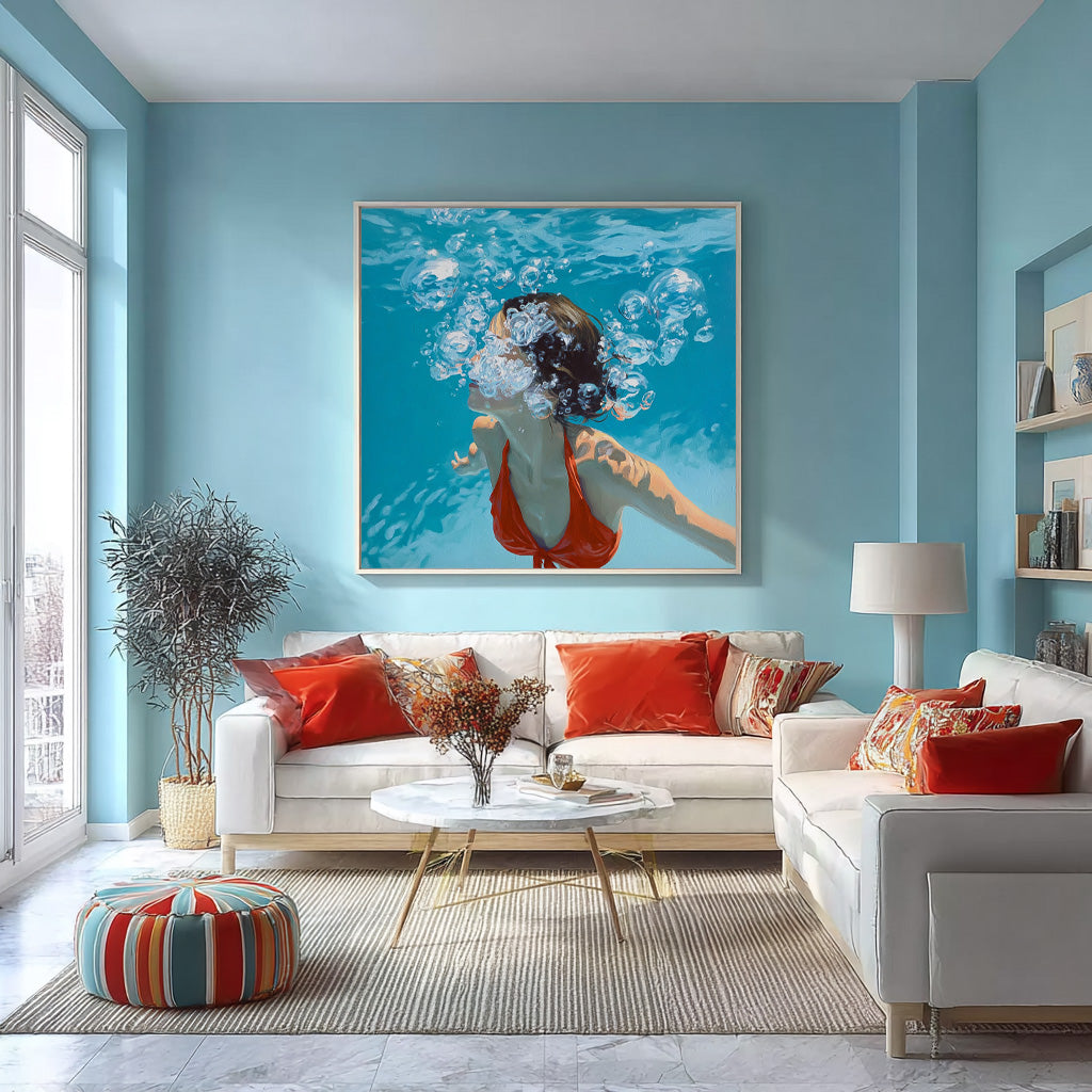 Lovely Lady Artwork Square Diving In Ocean Sensual Woman Acrylic Painting Original Girl swimming Wall Art