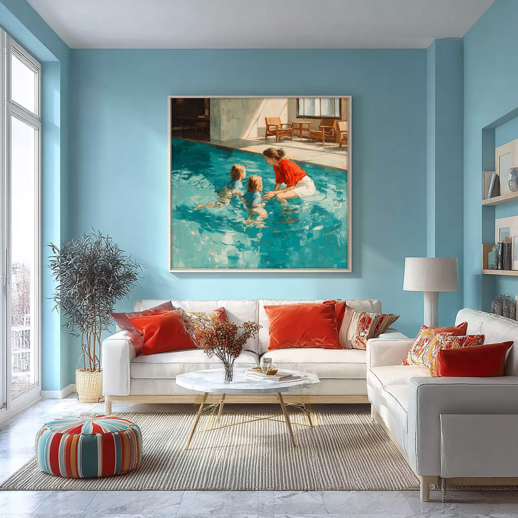 Original Family swimming Wall Art Square Diving In Ocean Mother And Her child Acrylic Painting Large Artwork