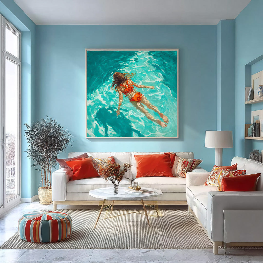 Pretty Lady Artwork Square Diving In Ocean Sensual Woman Acrylic Painting Original Girl swimming Wall Art