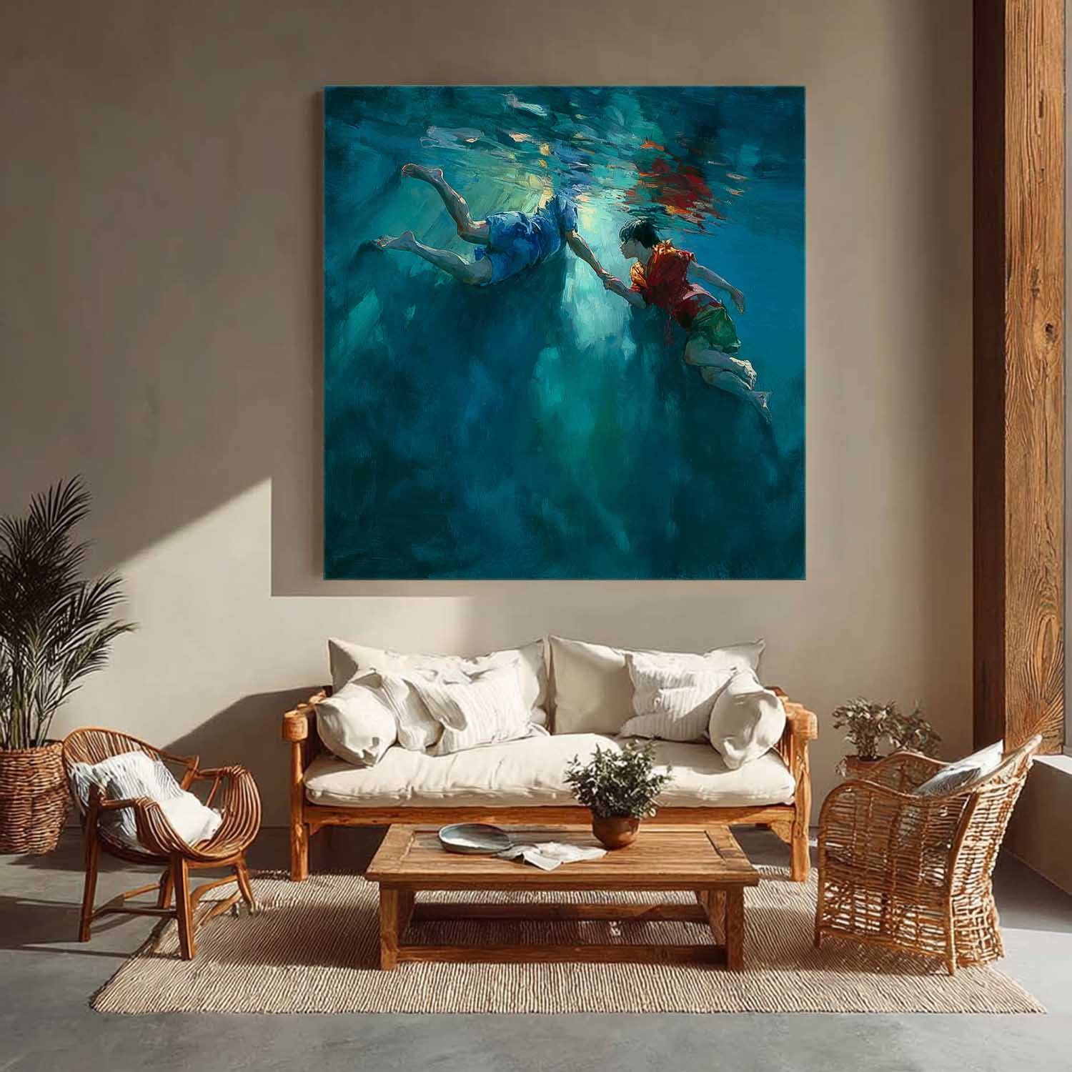 Two Children Artwork Square Diving In Ocean Acrylic Painting Original Child swimming Wall Art For Living Room