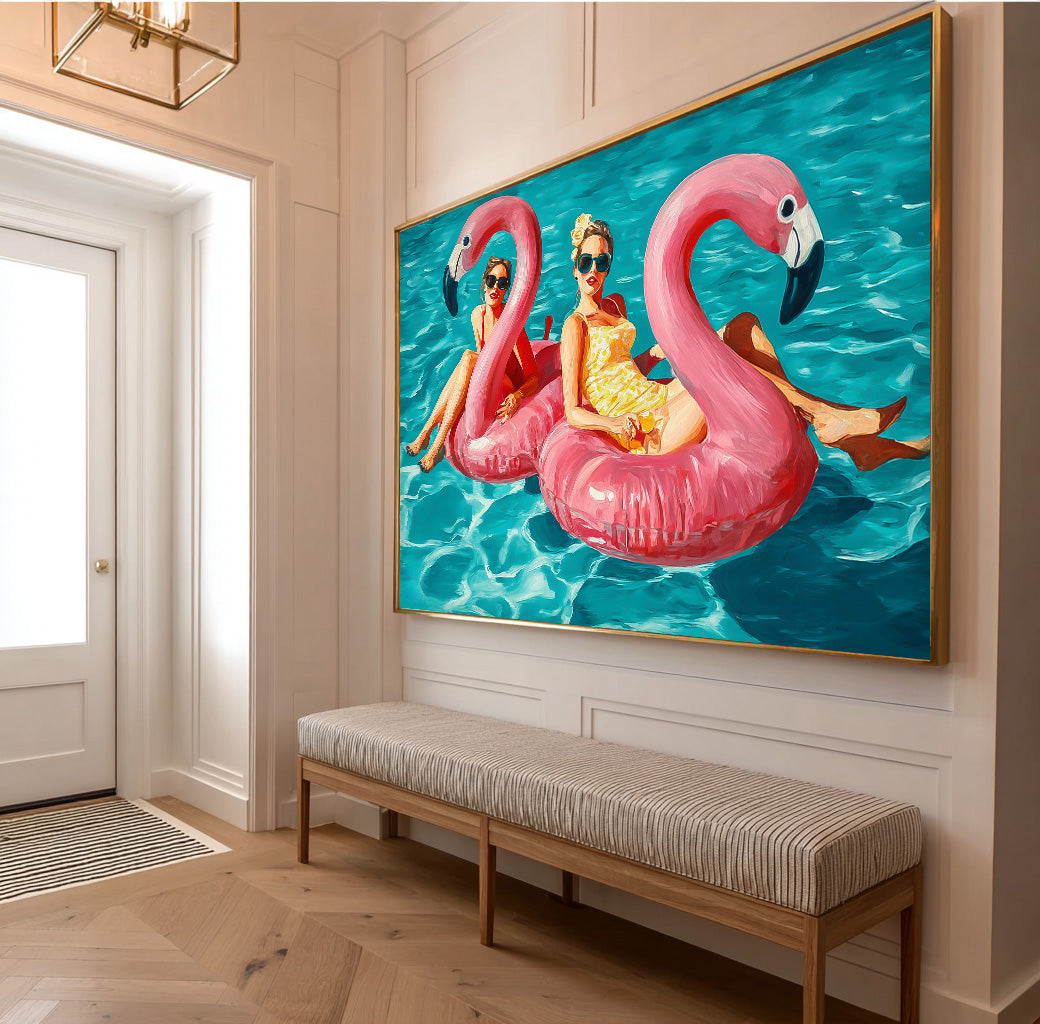 Original Girl Water Entertainment Abstract Colorful Flamingo Artwork Sensual Lady Swimming Wall Art