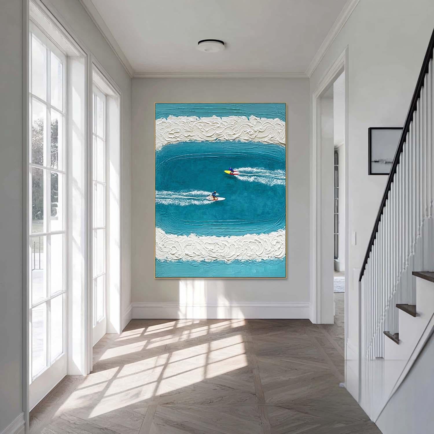 Abstract Surfer Landscape Blue Ocean Wall Art Minimalist Surfing Art Contemporary Ocean Painting Decor