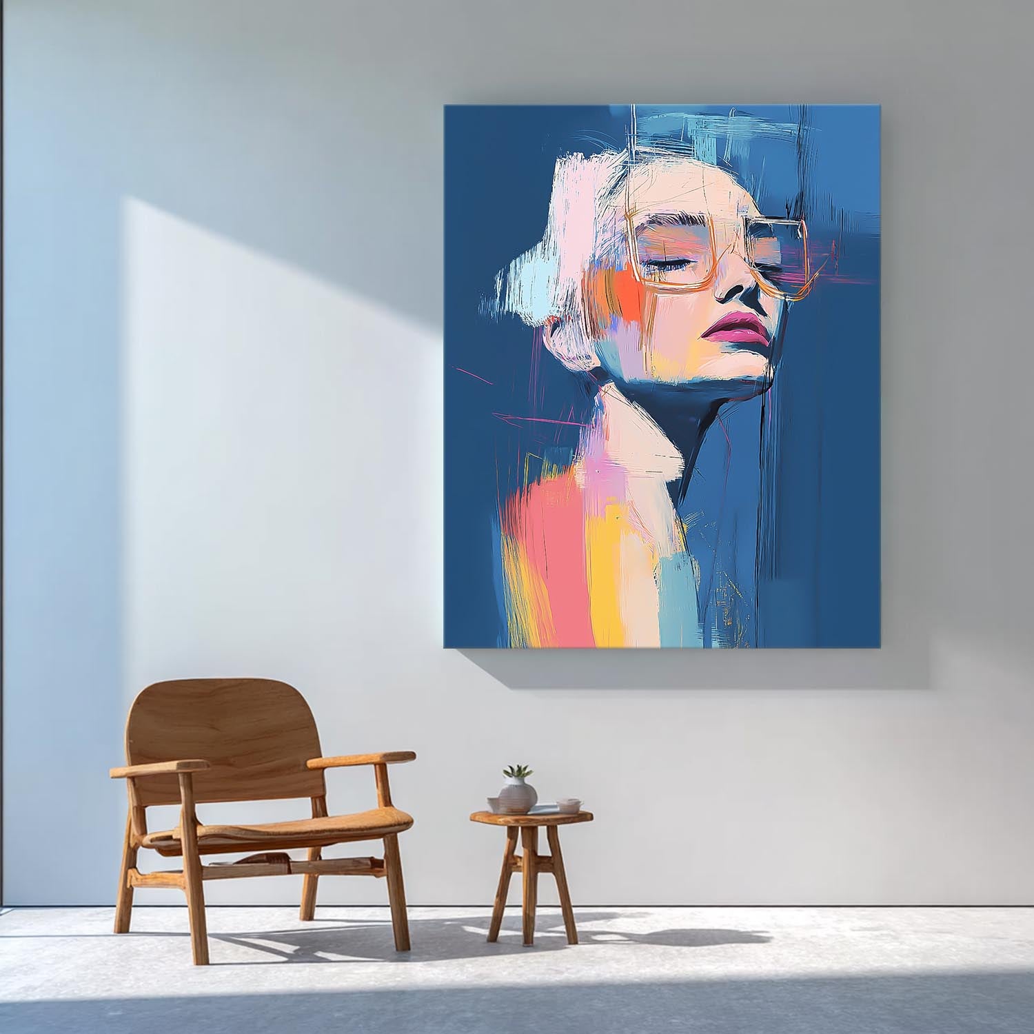 Nordic Style Portrait Canvas Abstract Female Oil Painting Bold Color Minimalist Wall Art For Living Room
