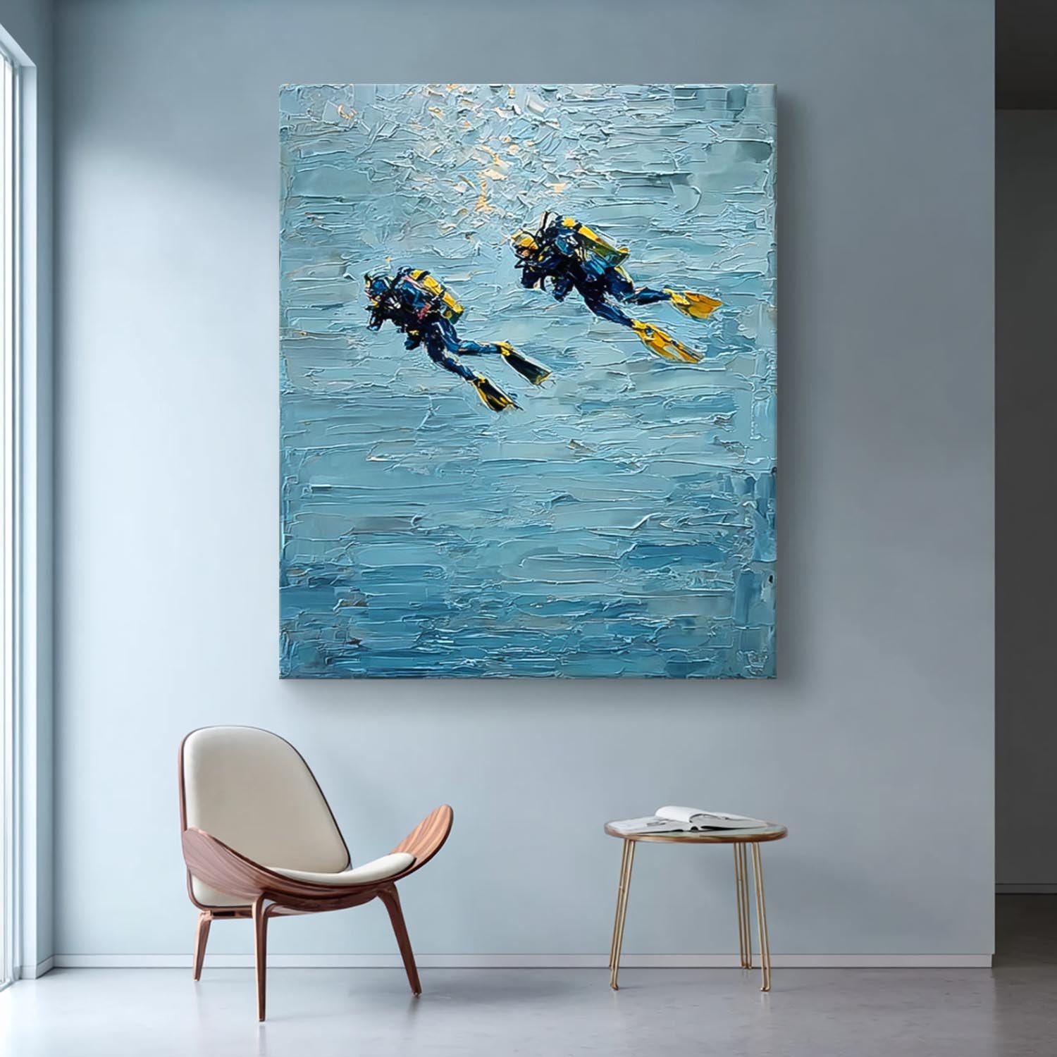 Blue Texture Painting Minimalist Diving Art Abstract Underwater Artwork Large Ocean Painting Diving Gifts