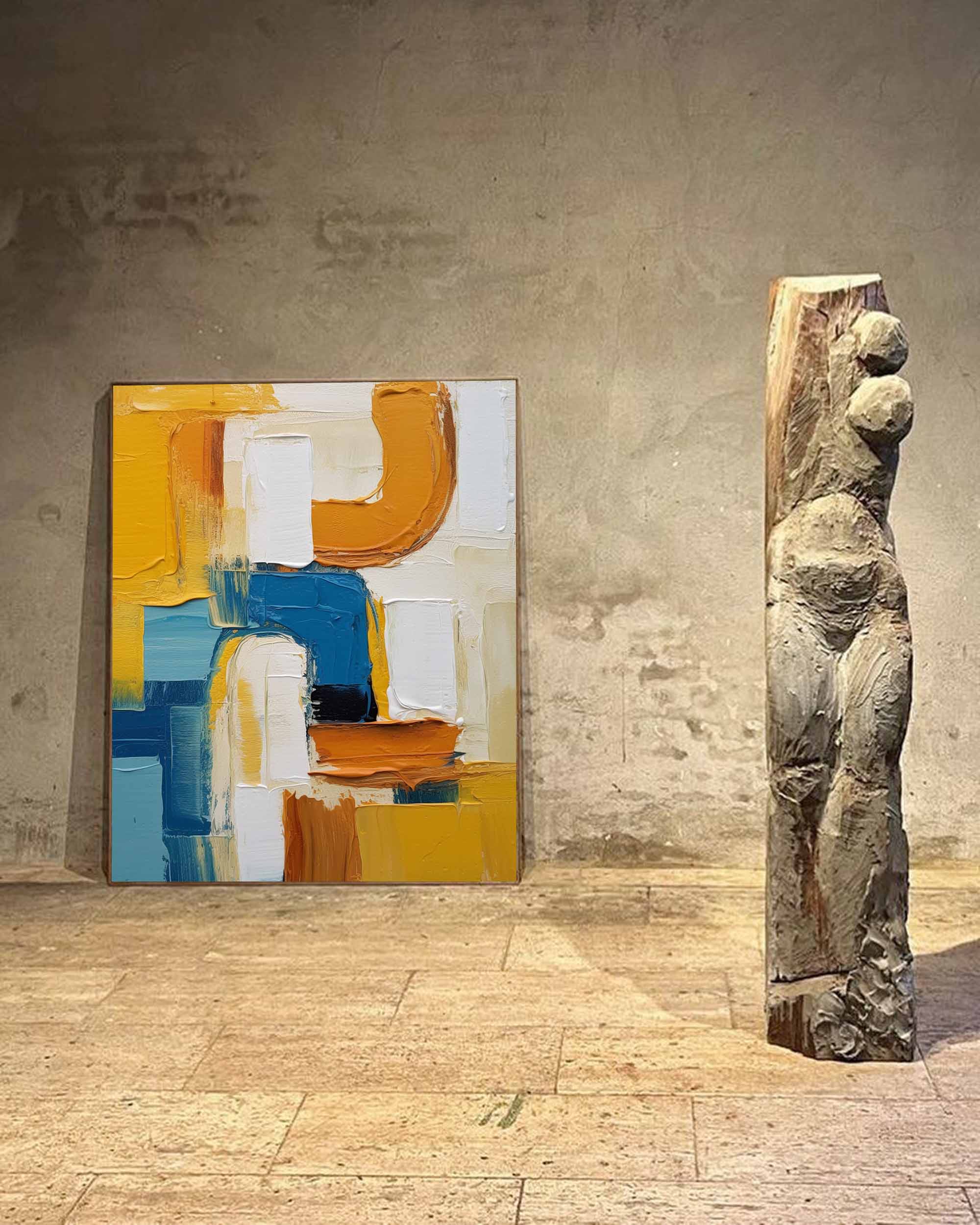 Large Textured Modern Abstract Wall Art Original Geometric Canvas Oil Painting Vibrant Yellow And Blue Acrylic Painting Living Room Decor