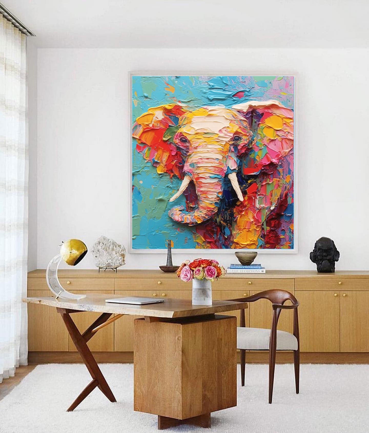 Impressionist Colorful Elephant Oil Painting Textured Canvas Wall Art Modern Animal Oil Painting Framed Living Room Decor