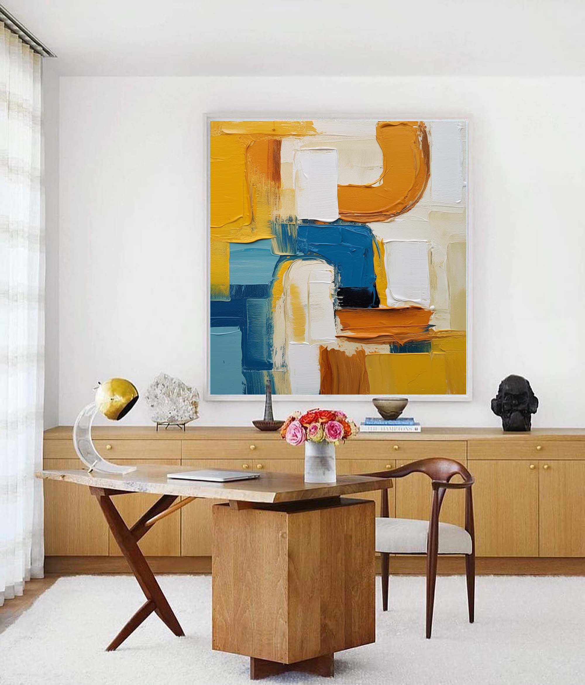 Large Textured Modern Abstract Wall Art Original Geometric Canvas Oil Painting Vibrant Yellow And Blue Acrylic Painting Living Room Decor