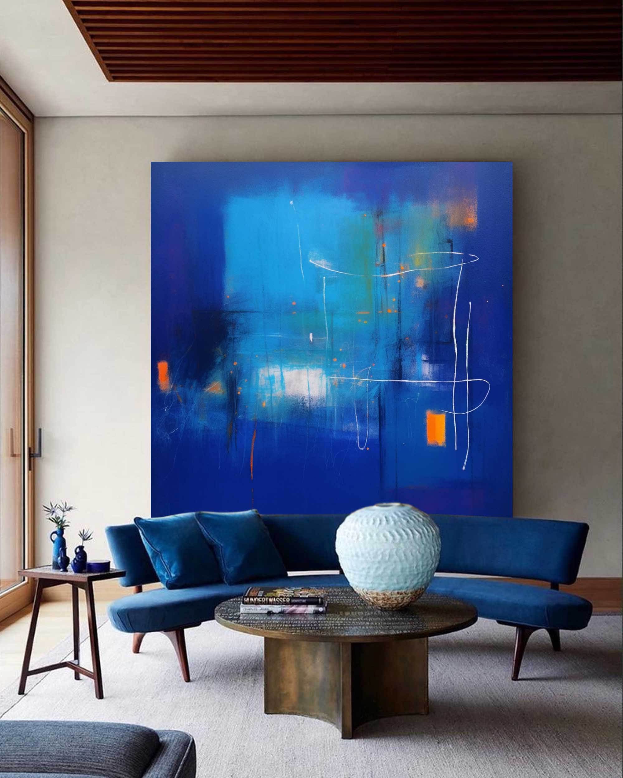 Large Bright Blue Square Graffiti Acrylic Painting Modern Original Wall Art Abstract Oil Painting Home Decor