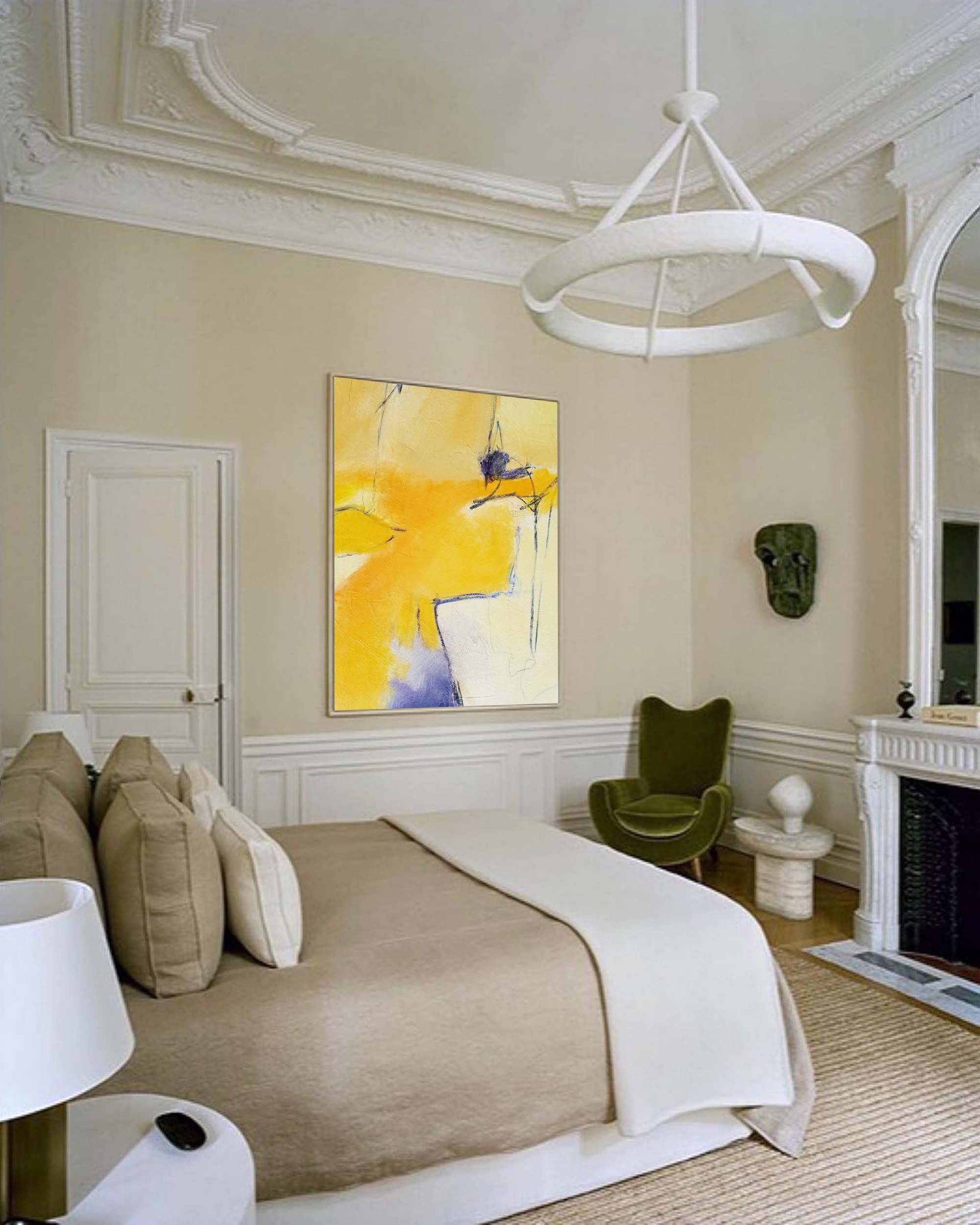 Large Yellow Abstract Canvas Wall Art Vertical Painting Modern Yellow Minimalist Wall Art For Livingroom