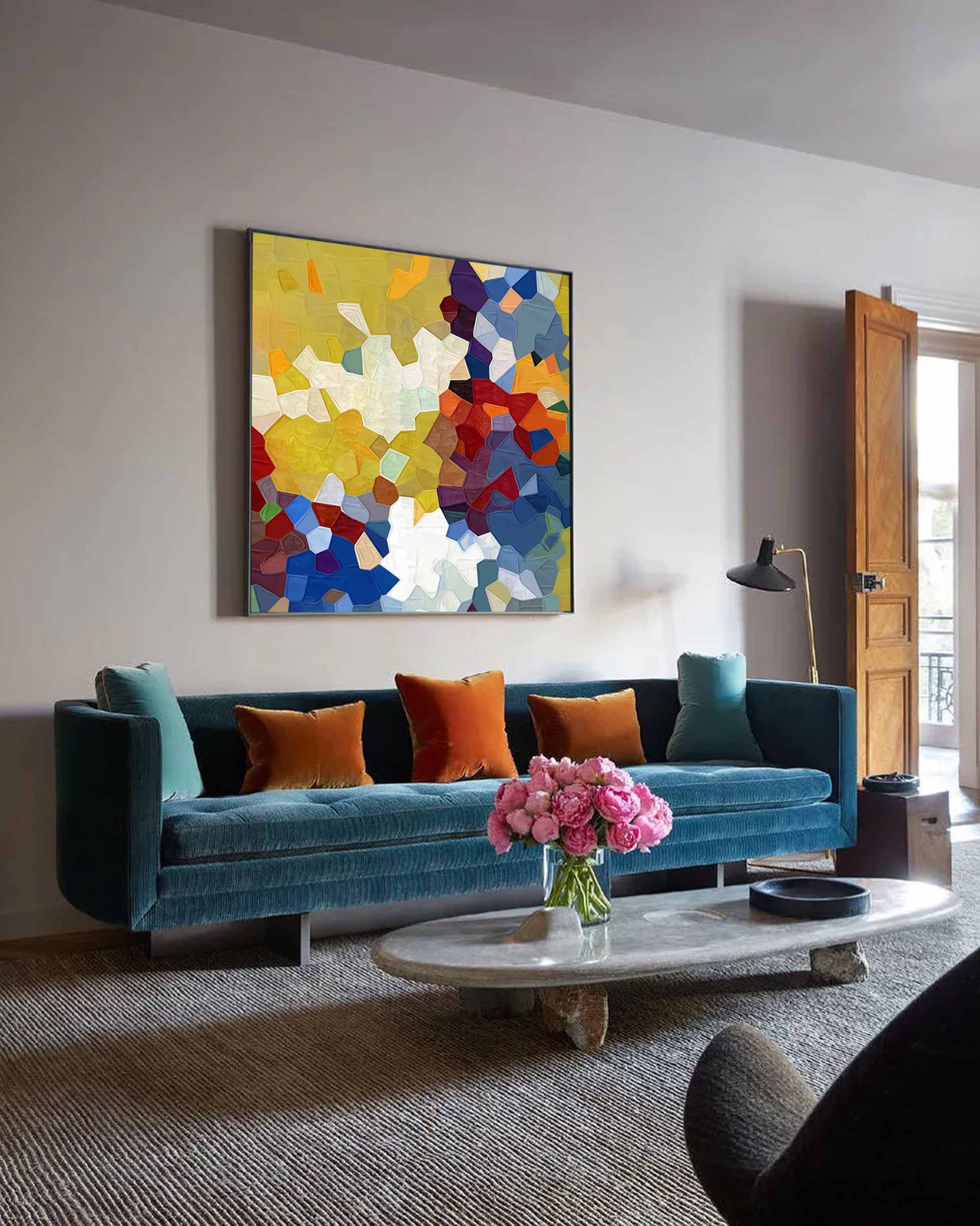 Yellow And Blue Abstract Oil Painting On Canvas Modern Wall Art Large Original Blue Acrylic Painting For Living Room
