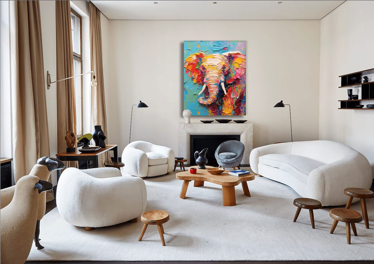 Impressionist Colorful Elephant Oil Painting Textured Canvas Wall Art Modern Animal Oil Painting Framed Living Room Decor