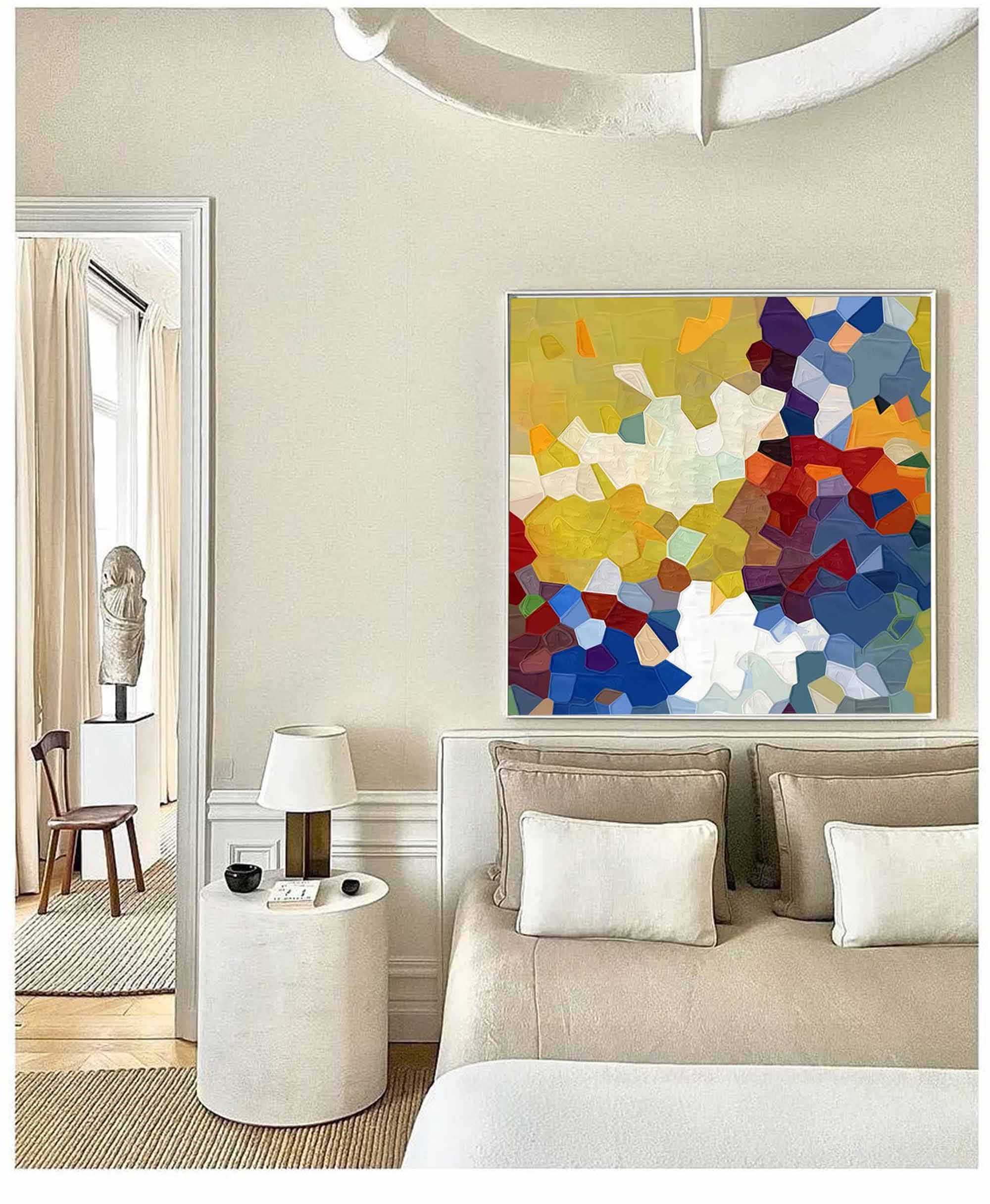 Yellow And Blue Abstract Oil Painting On Canvas Modern Wall Art Large Original Blue Acrylic Painting For Living Room