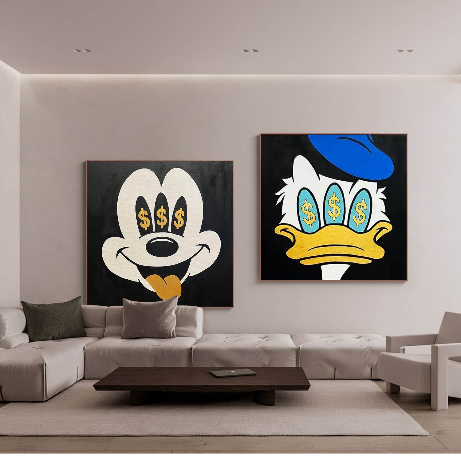 Set of 2 Large Abstract Modern Square Original Oil Paintings On Canvas Graffiti Disney Characters Wall Art