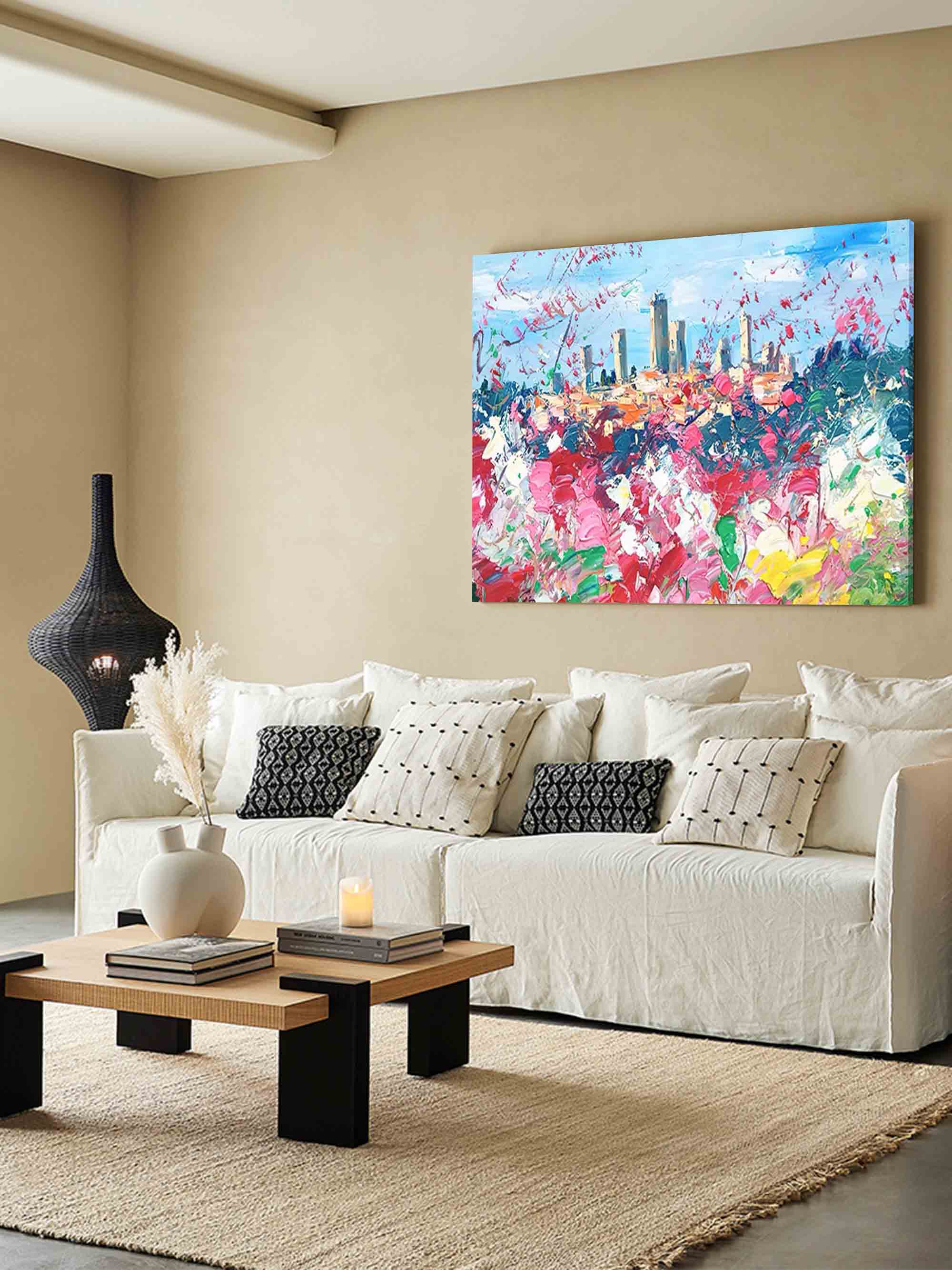 Modern Abstract Cityscape Oil Painting Large Flowers Texture Painting On Canvas Blue Pink Wall Art Living Room Decoration