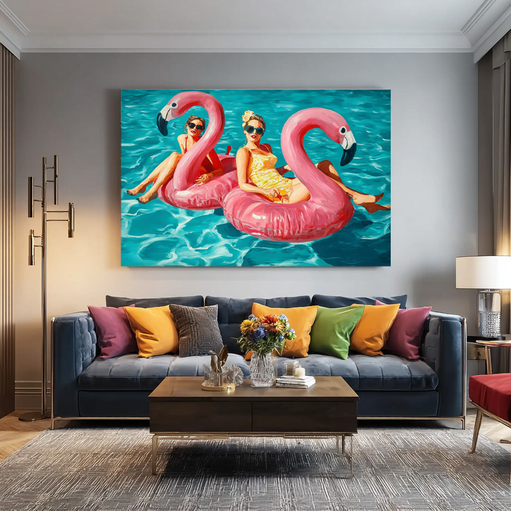 Original Girl Water Entertainment Abstract Colorful Flamingo Artwork Sensual Lady Swimming Wall Art
