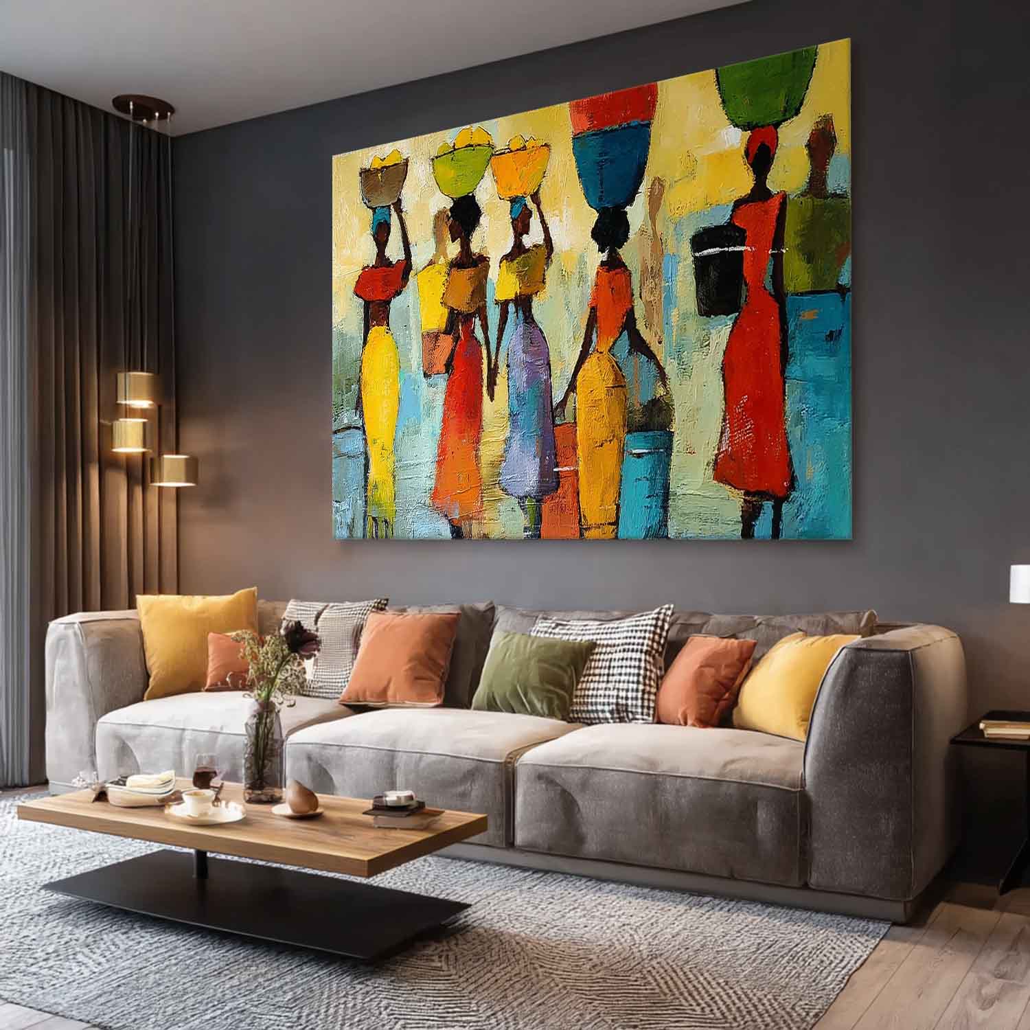 Large Artwork Framed Modern Colorful Figure Acrylic Painting Original Women In Traditional Dress Wall Art