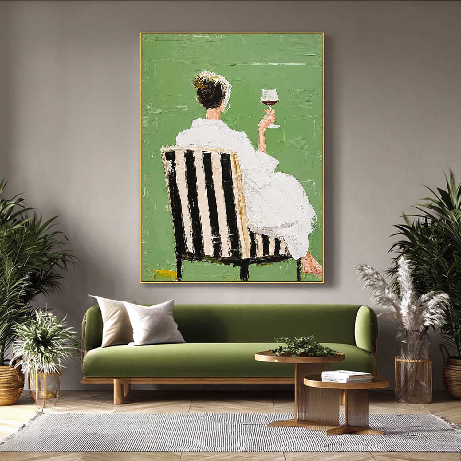 Retro Figure Artwork Abstract Lady Tasting Wine Oil Painting Canvas Original Beautiful Woman Wall Art