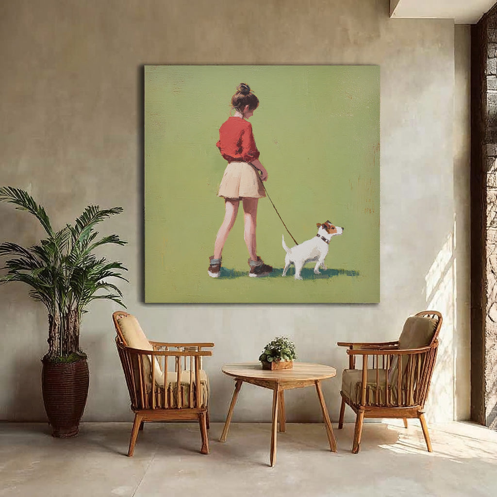 Green Grassland Wall Art Minimalist Girl Walking The Dog Painting Abstract Warm And Peaceful atmosphere