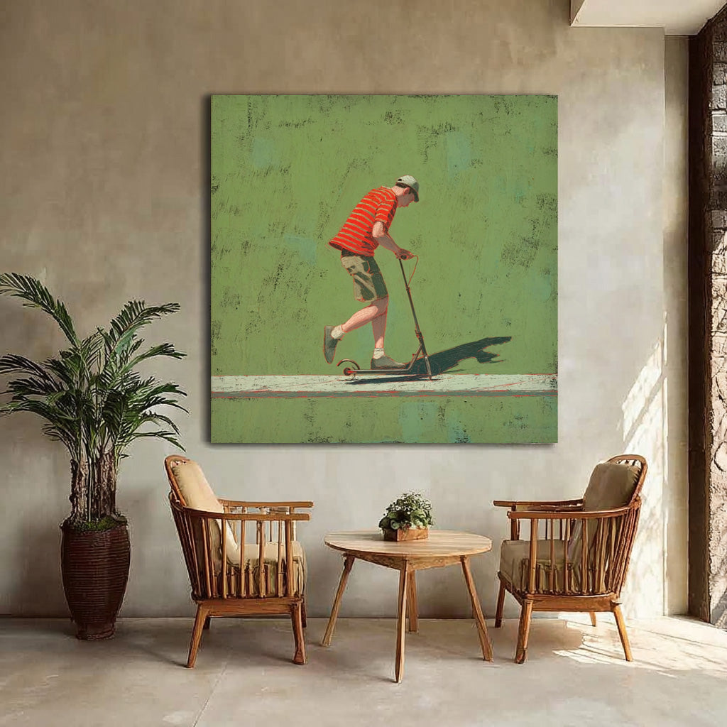 Abstract Warm And Peaceful Atmosphere Landscape Green Wall Art Minimalist Boy Riding A Scooter Painting