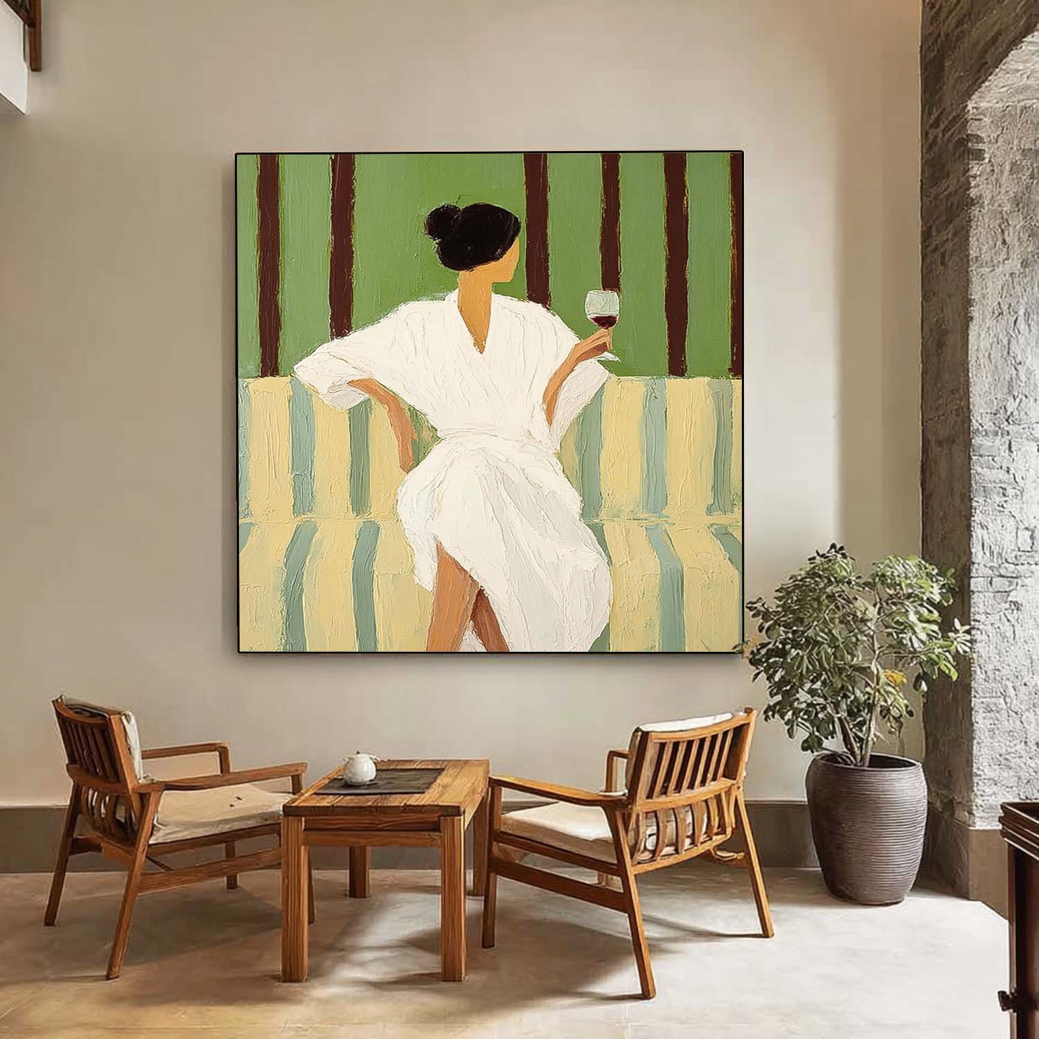 Square Abstract Lady Wearing A Bathrobe Painting Canvas Figure Artwork Original Woman Wall Art