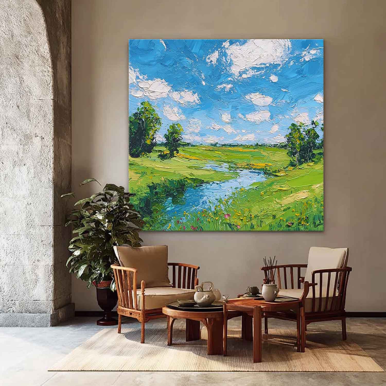 Large Texture Scenery Wall Art Framed Abstract Fields And Rvers Landscape Oil Painting Rural Warmth Artwork