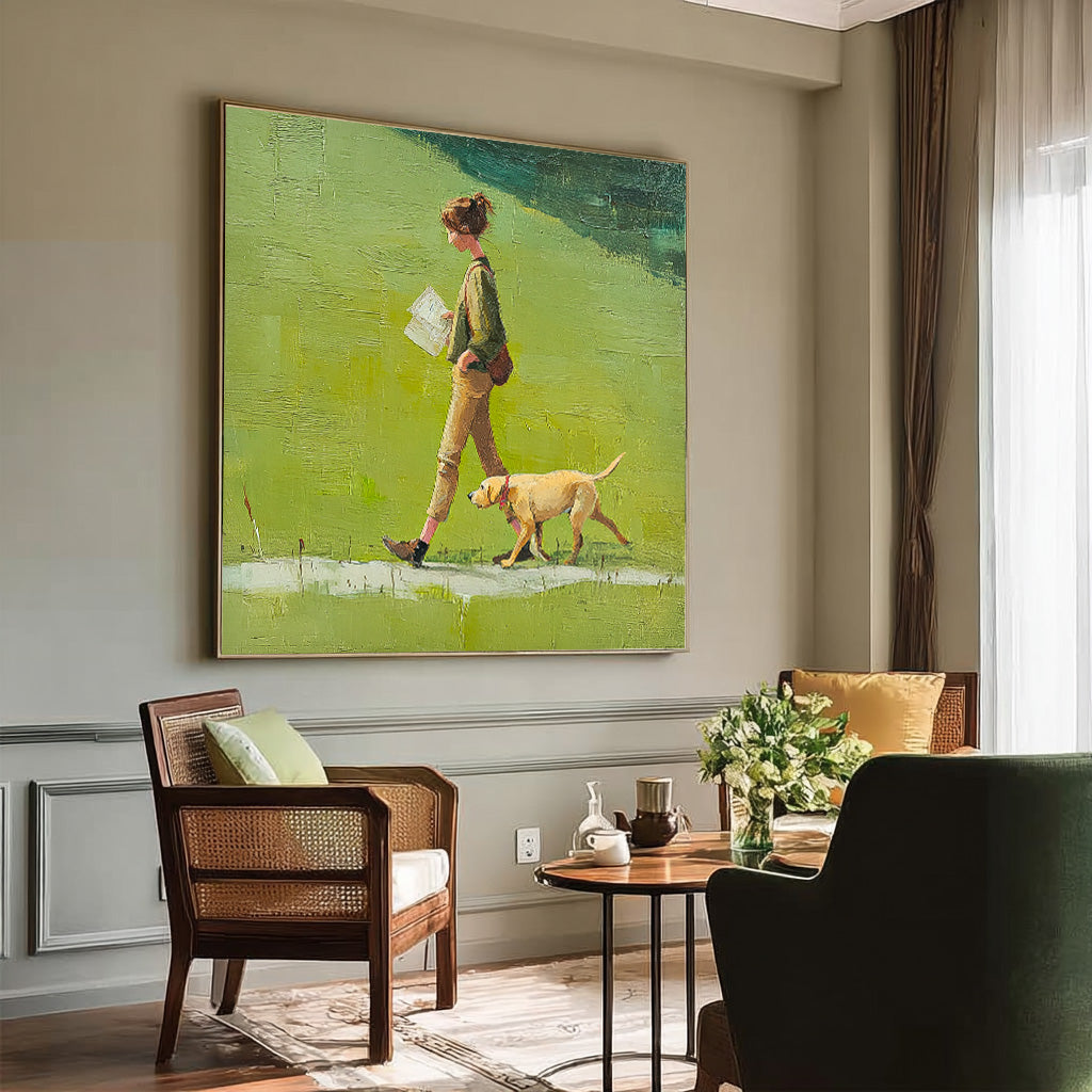 Minimalist Girl Walking The Dog Painting Abstract Warm And Peaceful atmosphere Landscape Green Grassland Wall Art