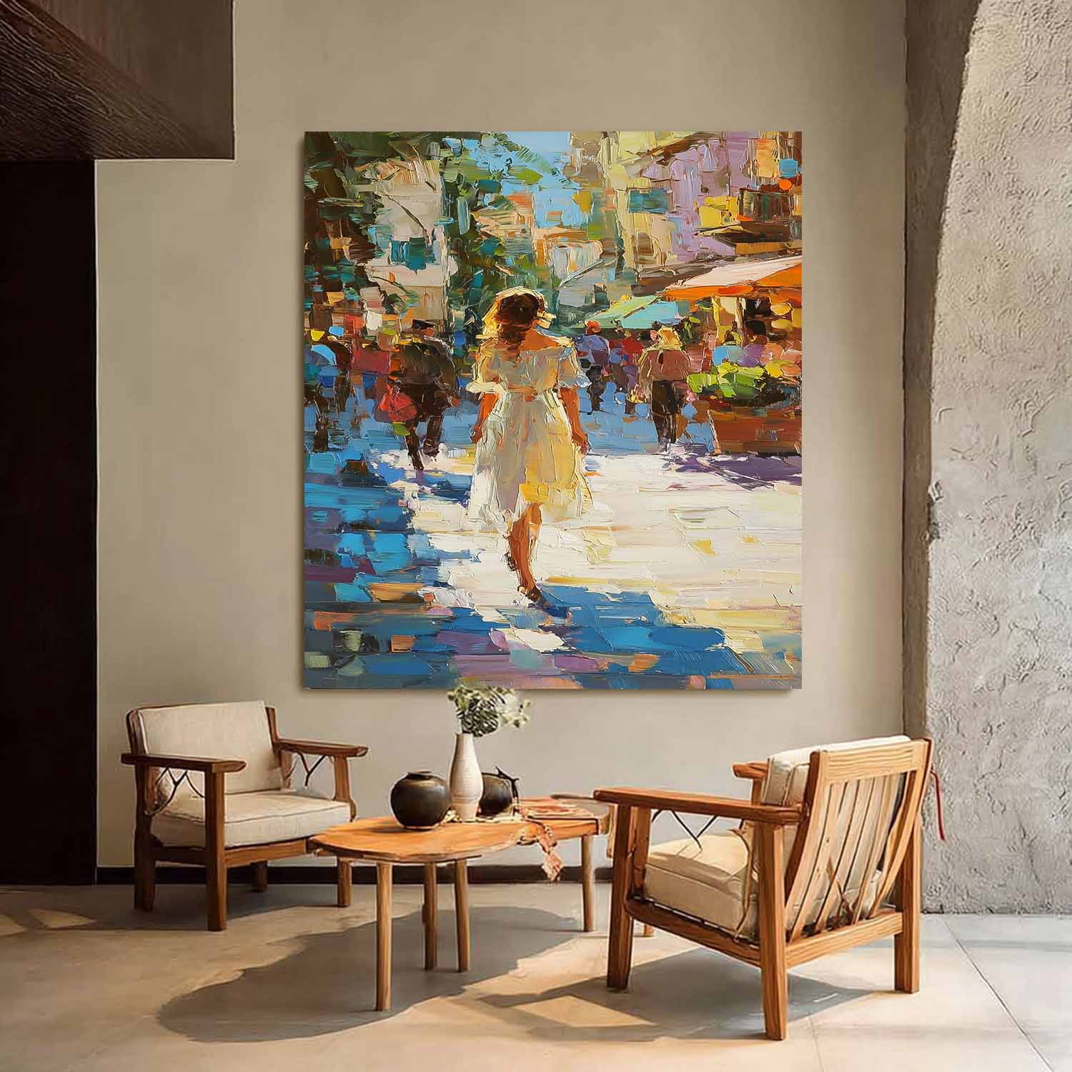 Colorful Impressionist Street Scene Oil Painting Original Artwork City Street Market Scene For Living Room