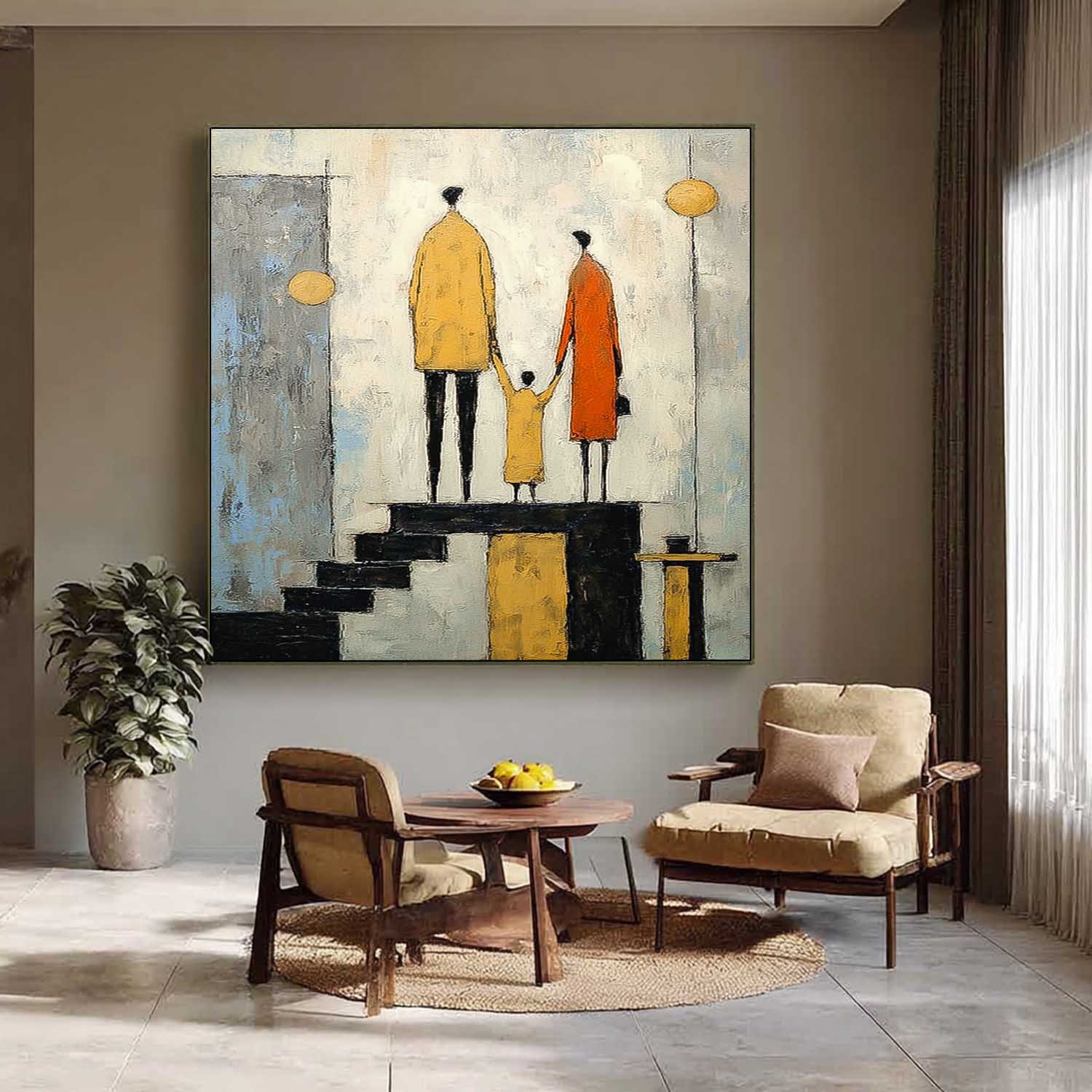 Square Original Neutral Background Oil Painting Minimalist Family Wall Art Modern City Silhouette Home Decor