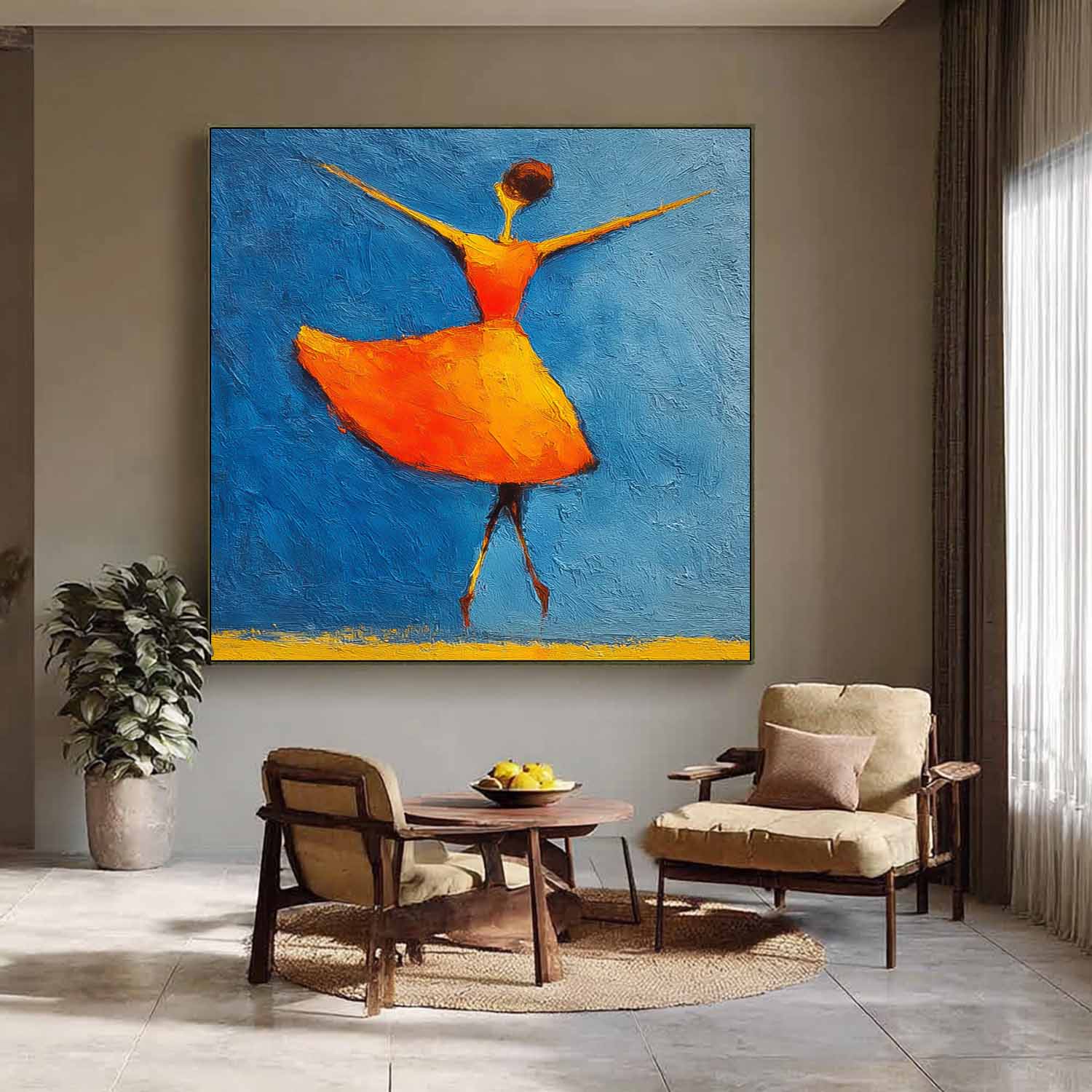 Minimalist People Silhouette Wall Art Modern Orange Skirt Framed Original Vibrant Color Oil Painting