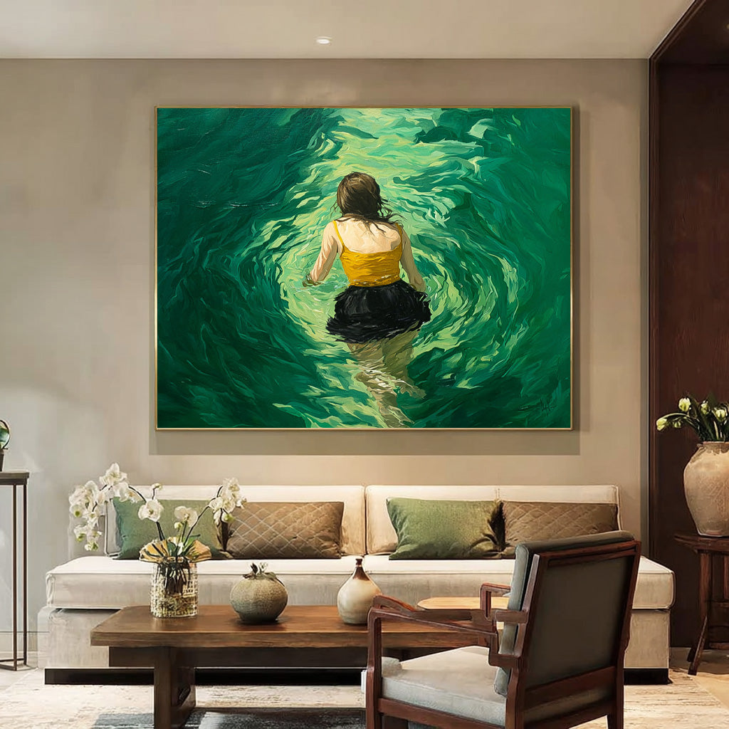 Abstract Green Artwork Original Girl Diving In Ocean Painting Sensual Lady Figure Swimming Wall Art