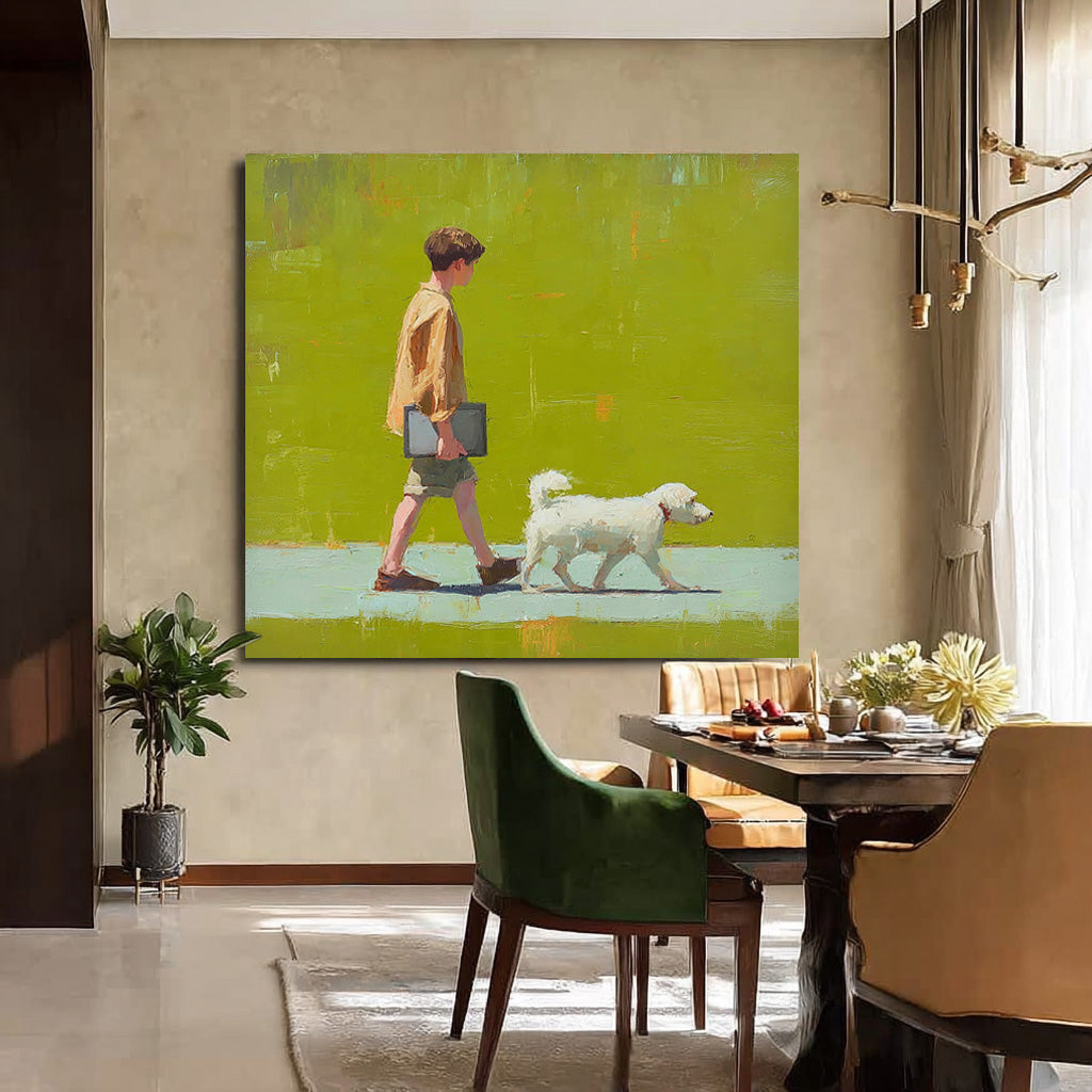 Minimalist Boy Walking The Dog Painting Abstract Peaceful atmosphere Landscape Green Grassland Wall Art