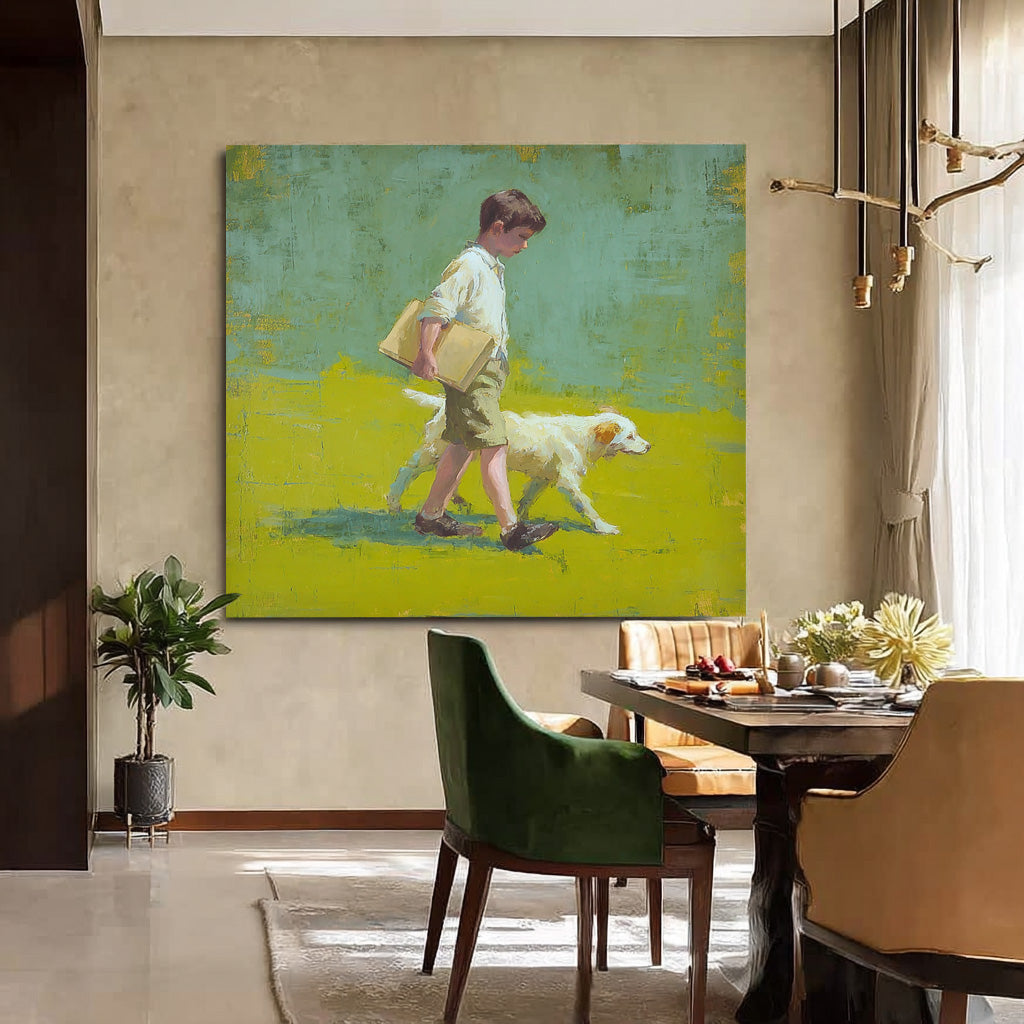Minimalist Boy Walking The Dog Painting Landscape Green Grassland Abstract Peaceful atmosphere Wall Art