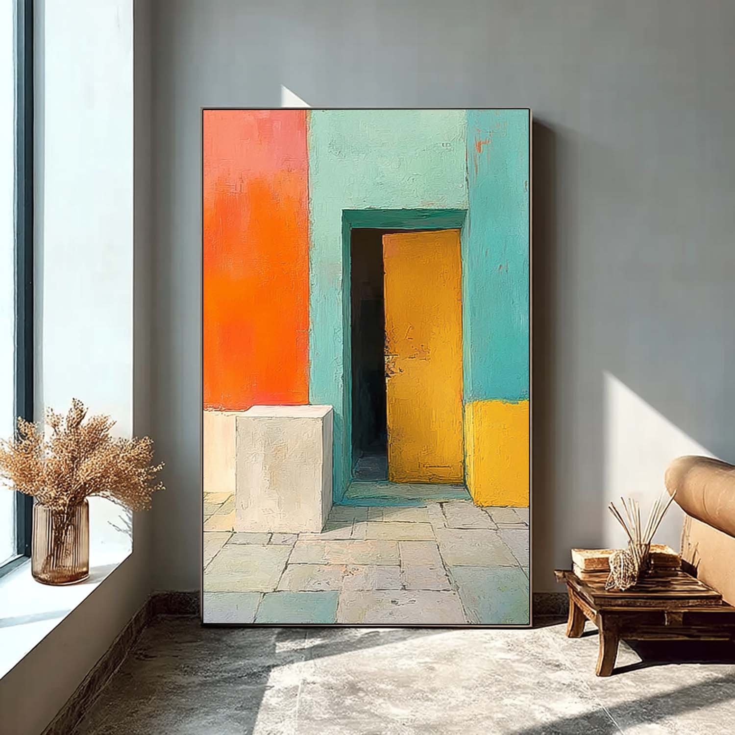 Original Vibrant Doorway Wall Art Large Architectural Door Painting Framed Abstract Acrylic painting