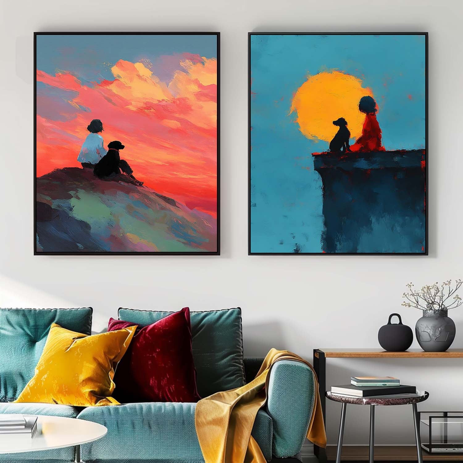 Abstract Sunset Oil Painting Prints 2 Piece Diptych Wall Decor Textured Girl And Puppy Silhouette Art