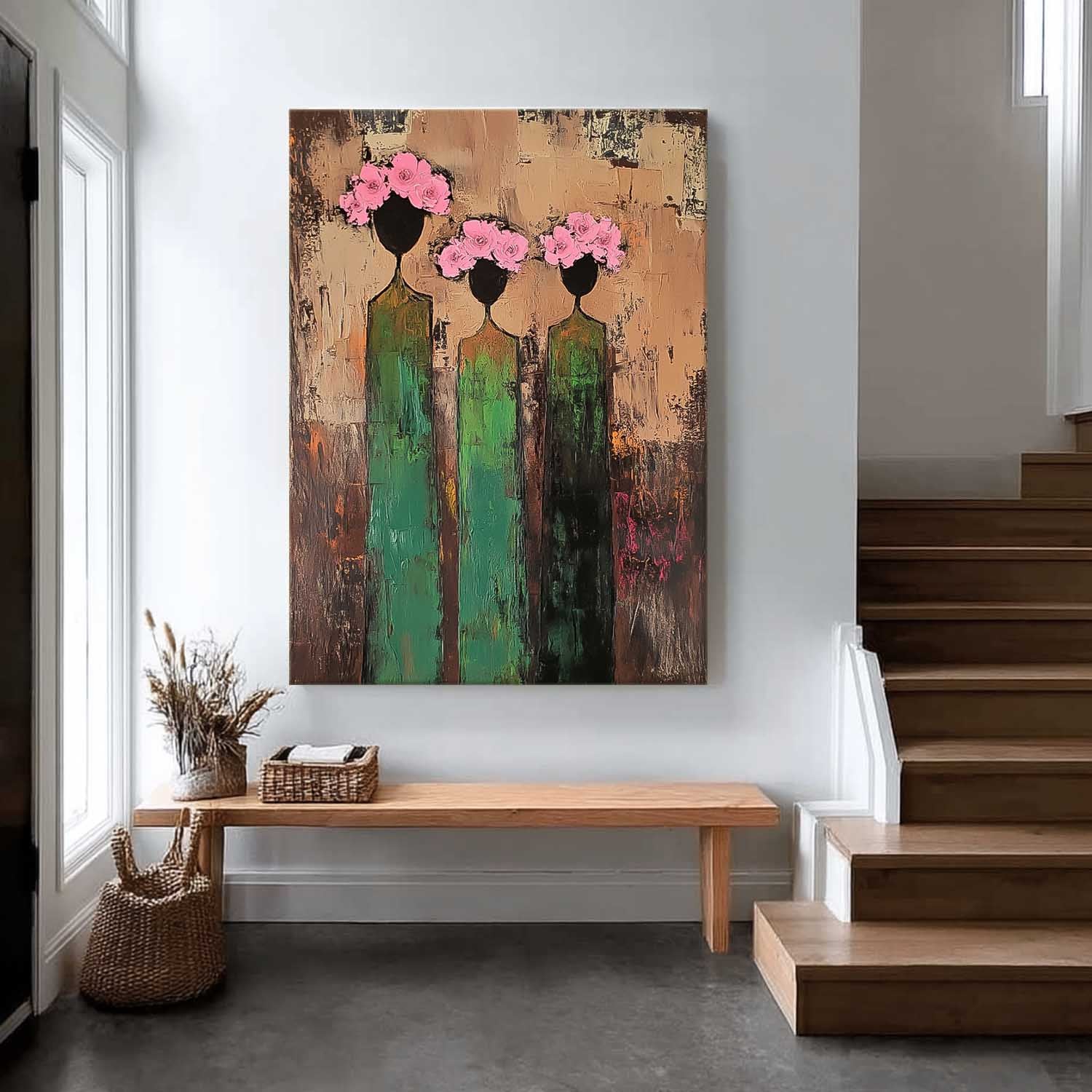 Abstract Simple Characters Artwork Original Retro Painting Pink And Green Modern People Silhouette Wall Art