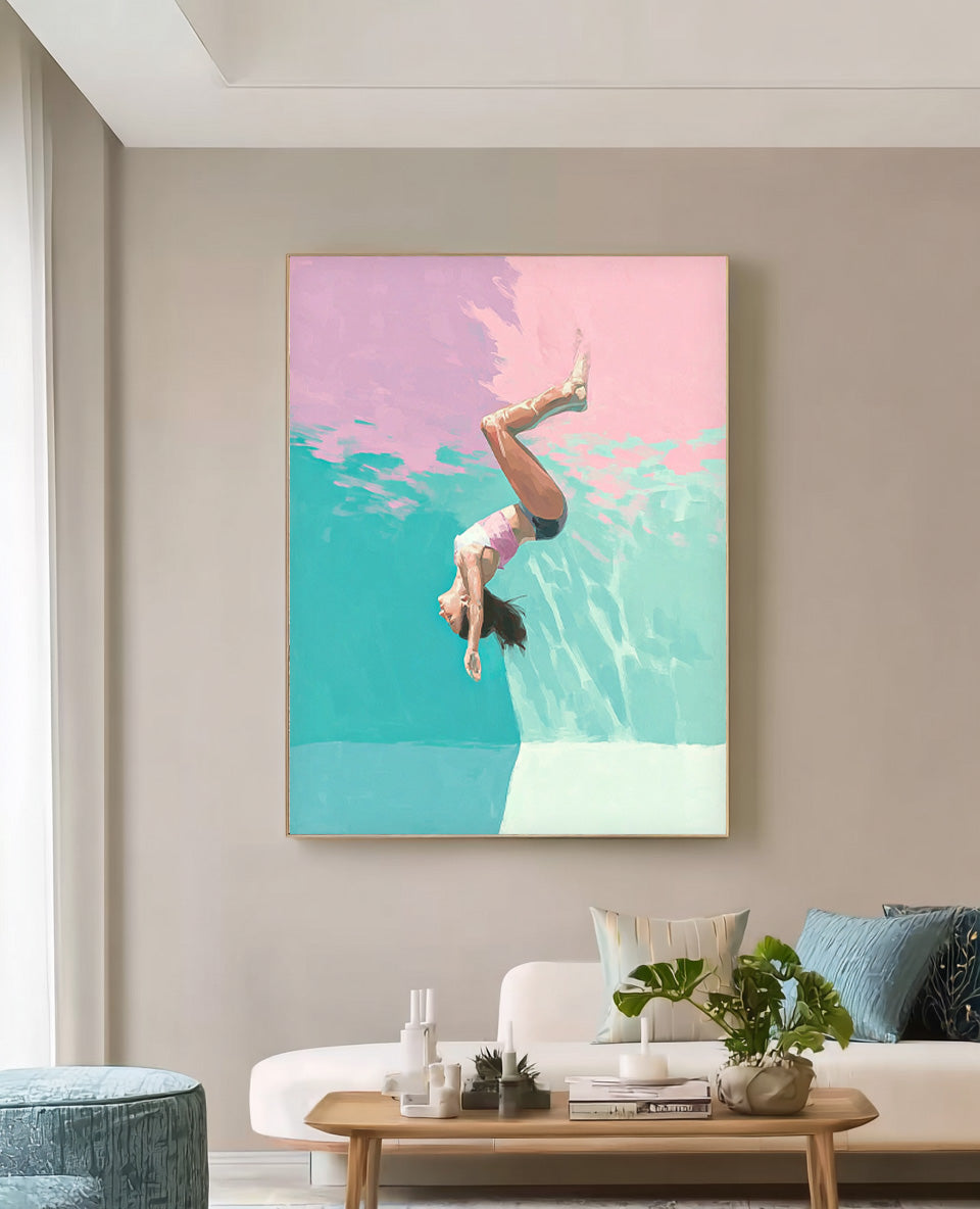 Lovely Lady Artwork Diving In Ocean Sensual Woman Acrylic Painting Original Girl swimming Wall Art
