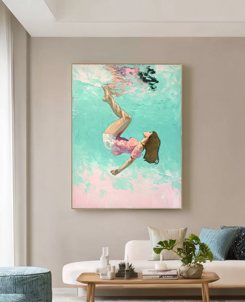 Green And Pink Diving In Ocean Woman Acrylic Painting Cute Lady Artwork Original Girl swimming Wall Art