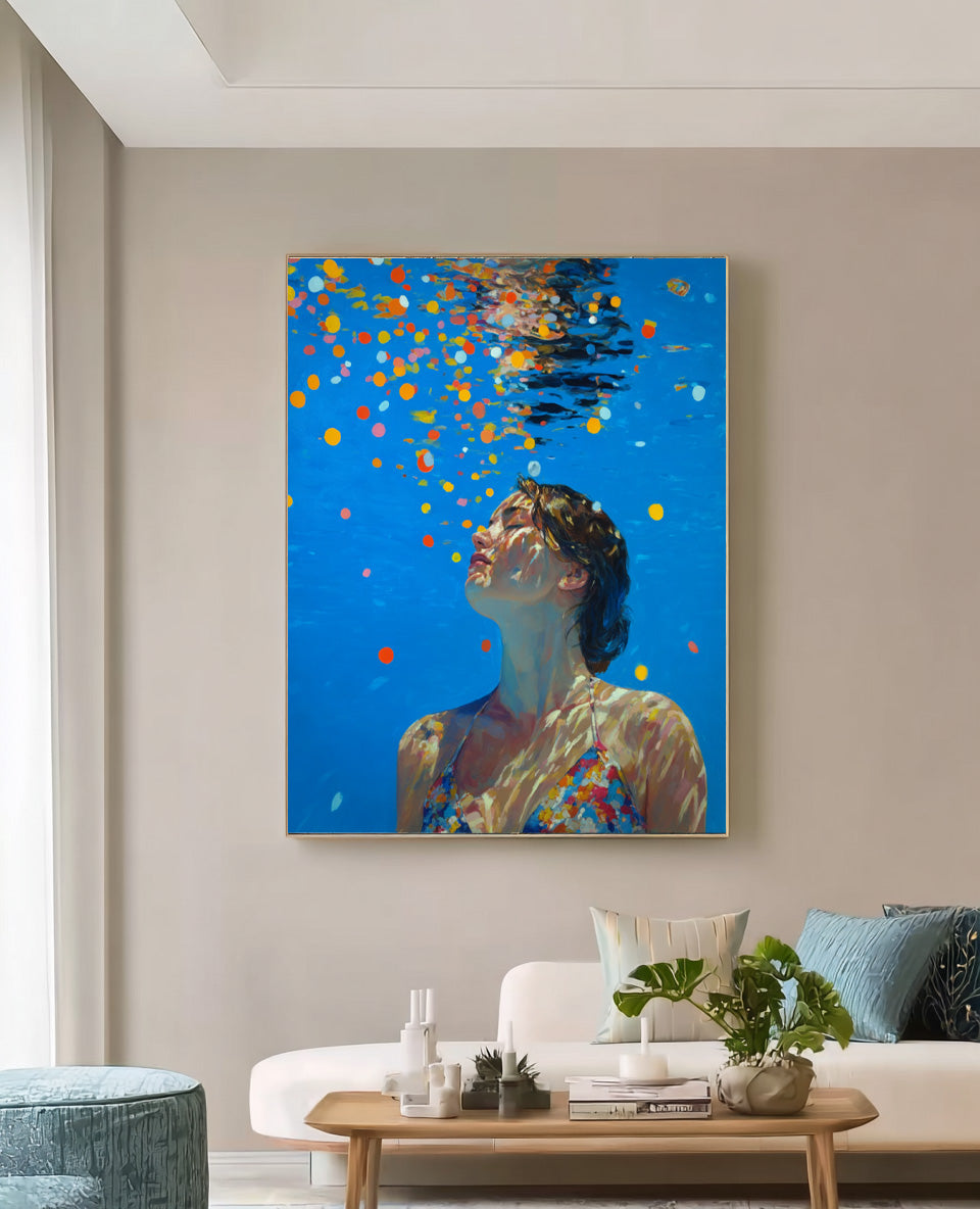 Diving in Ocean Woman Handmade Canvas Artwork Blue Abstract Swimming Girl Wall Art Diving Oil painting