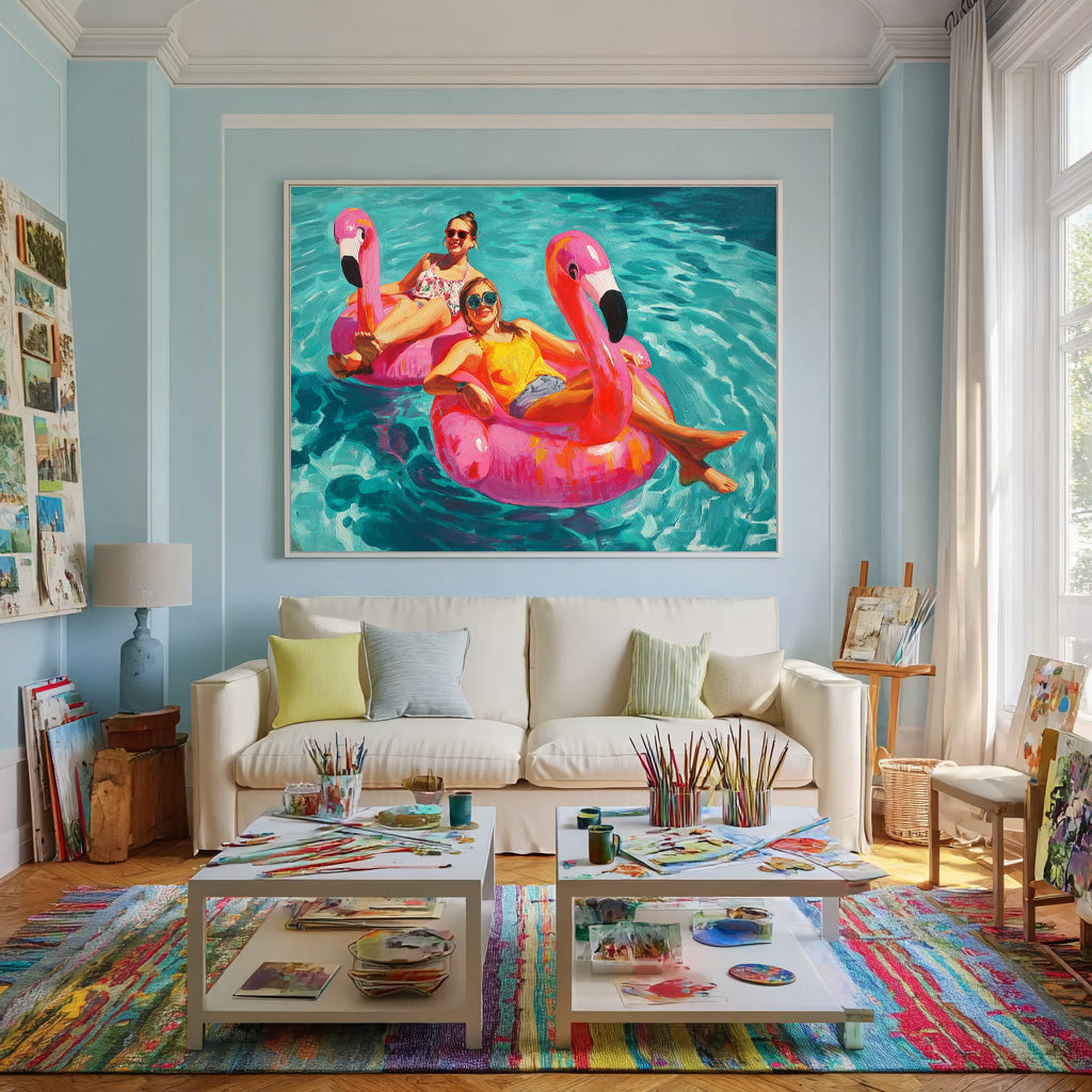 Abstract Colorful Flamingo Artwork Original Girl Water Entertainment Sensual Lady Swimming Wall Art