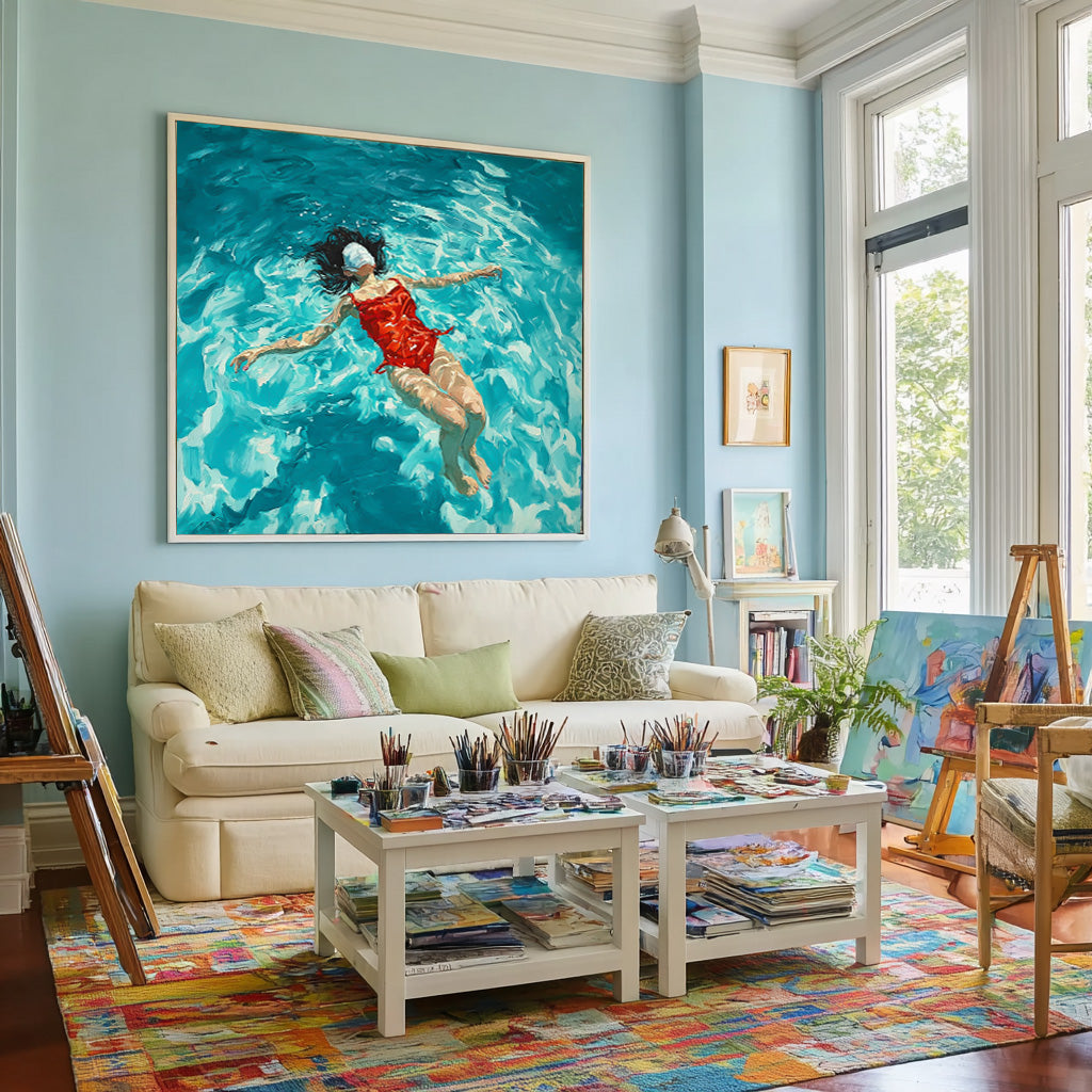 Square Diving In Ocean Sensual Woman Acrylic Painting Original Girl swimming Wall Art Pretty Lady Artwork