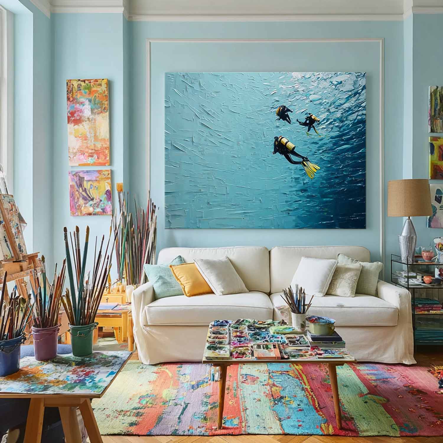 Abstract Underwater Artwork Blue Texture Painting Minimalist Diving Art Large Ocean Painting Diving Gifts