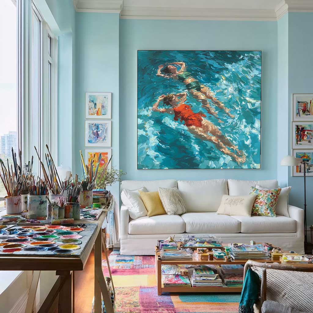 Original Best Friend swimming Wall Art Lady Artwork Square Diving In Ocean Sisters Acrylic Painting