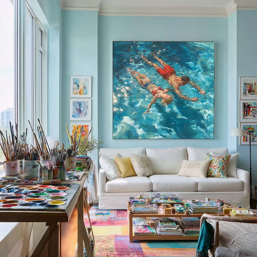Original Couple swimming Wall Art Lady And Man Artwork Square Diving In Ocean Acrylic Painting